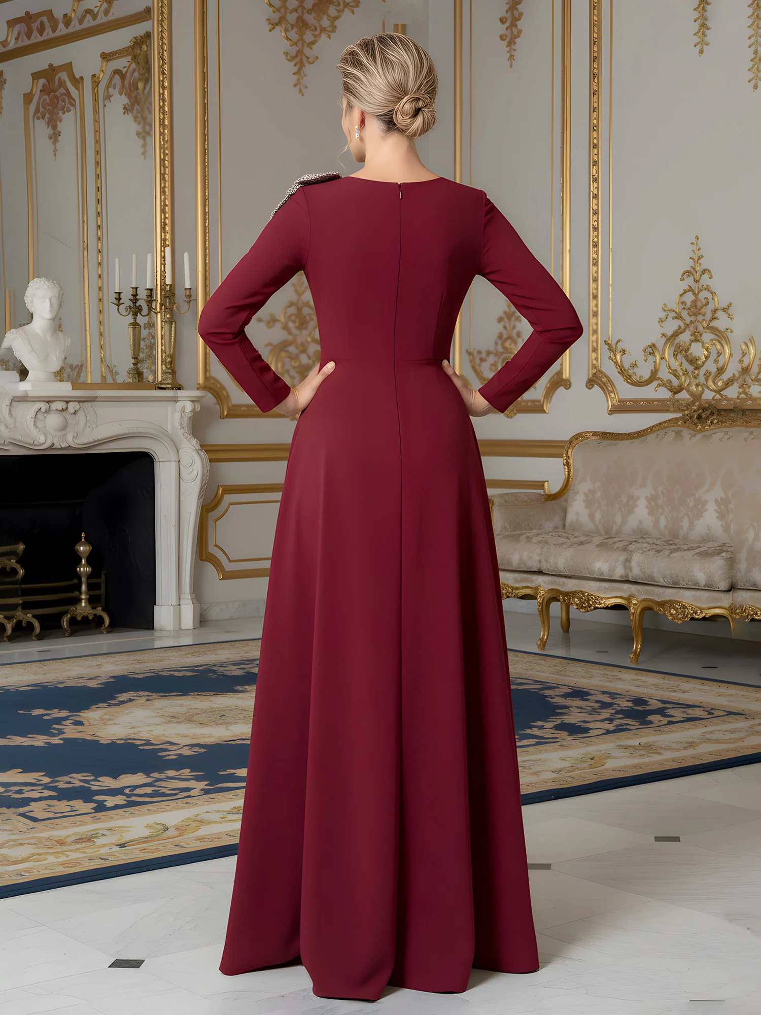 Long Sleeve A-Line Gown with Embellished Shoulder Bow Burgundy - Image 2