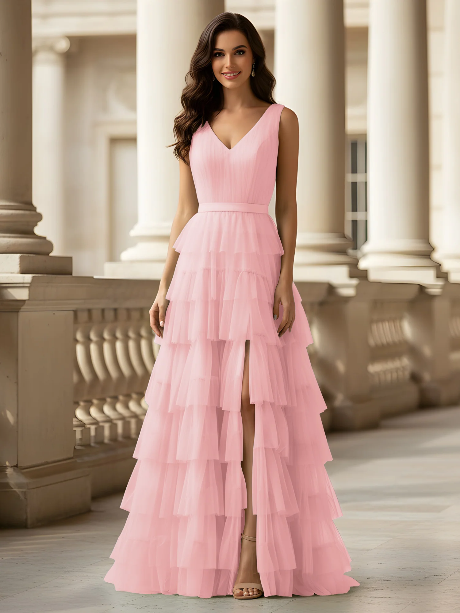 Ruched Bodice Formal Dress with Waistband Detail Blushing Pink