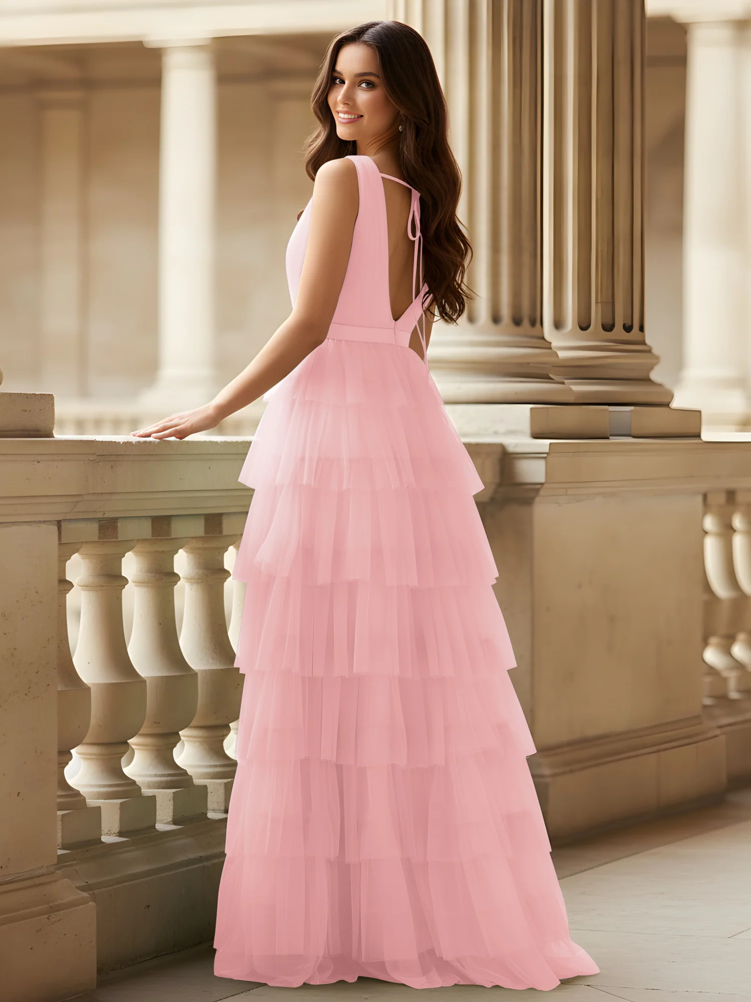 Ruched Bodice Formal Dress with Waistband Detail Blushing Pink - Image 2