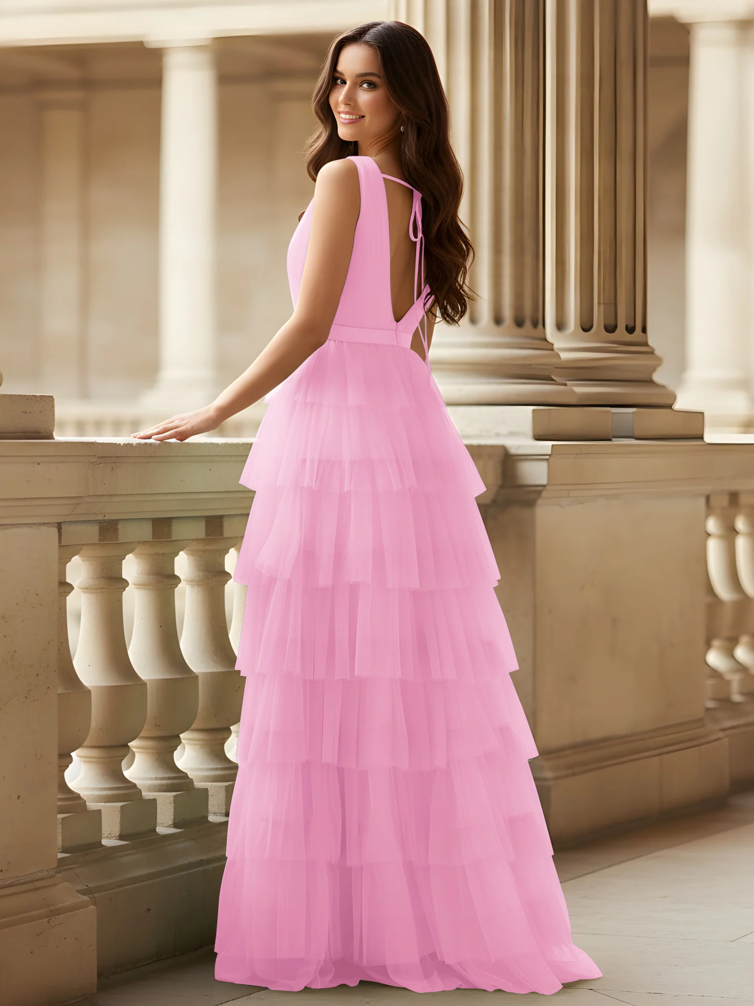 Ruched Bodice Formal Dress with Waistband Detail Candy Pink - Image 2