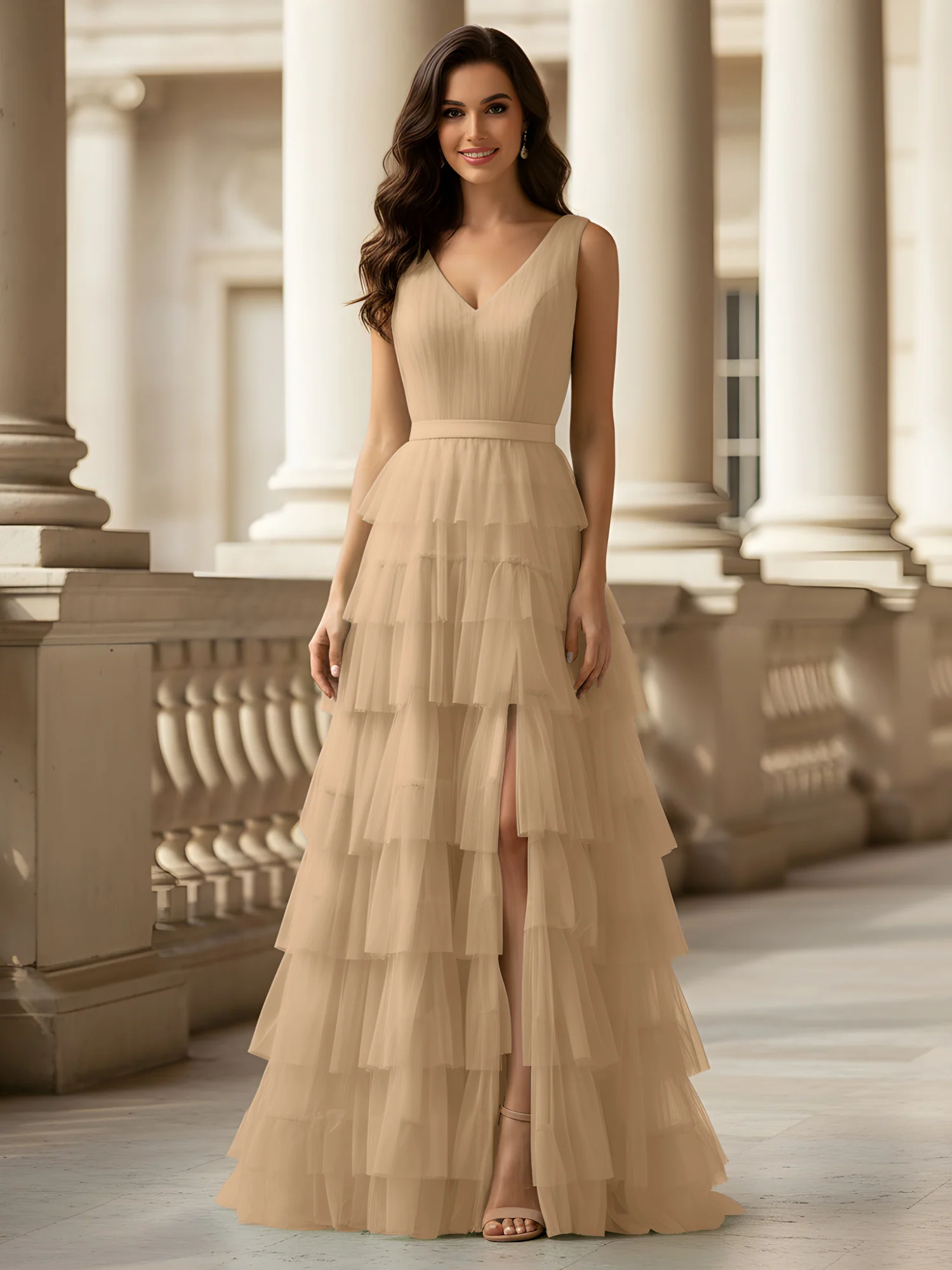Ruched Bodice Formal Dress with Waistband Detail Champagne