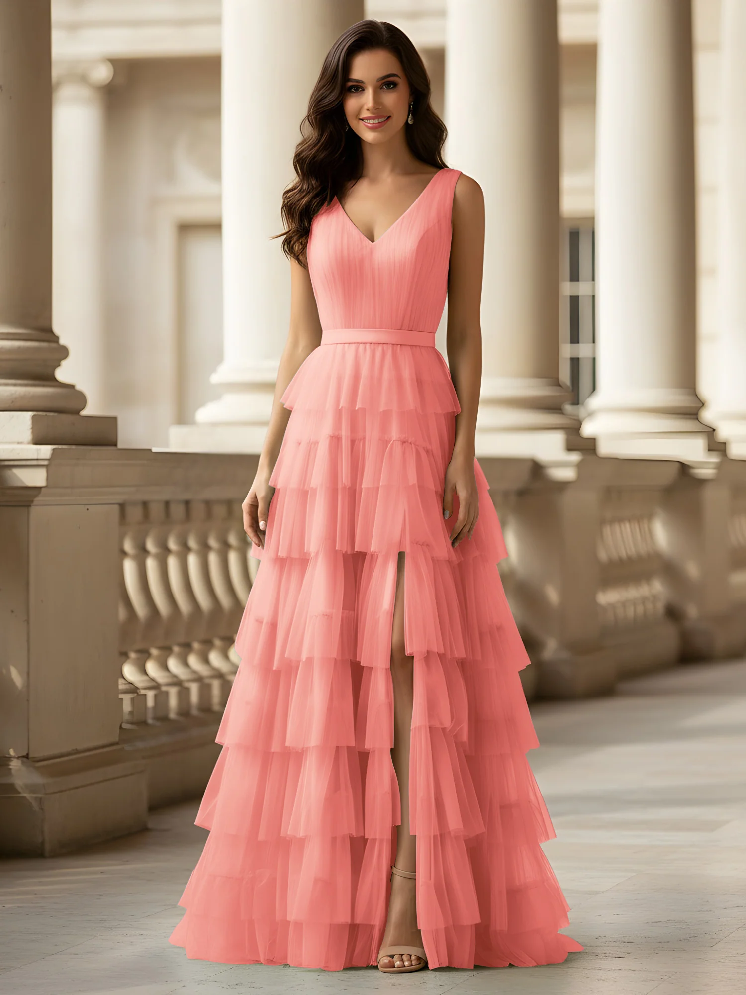 Ruched Bodice Formal Dress with Waistband Detail Coral