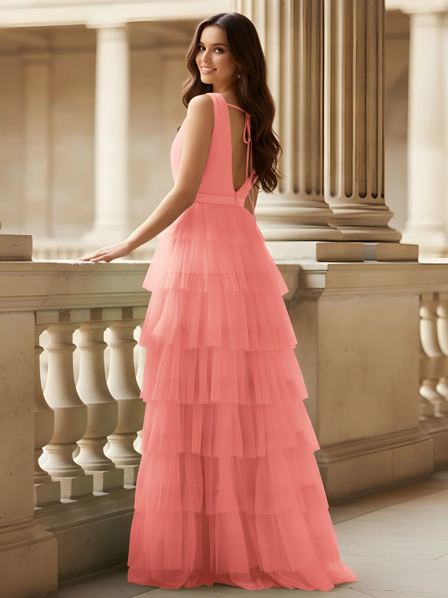 Ruched Bodice Formal Dress with Waistband Detail Coral - Image 2