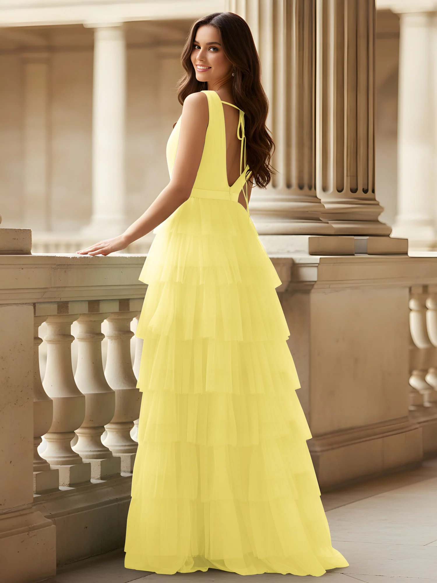 Ruched Bodice Formal Dress with Waistband Detail Daffodil - Image 2