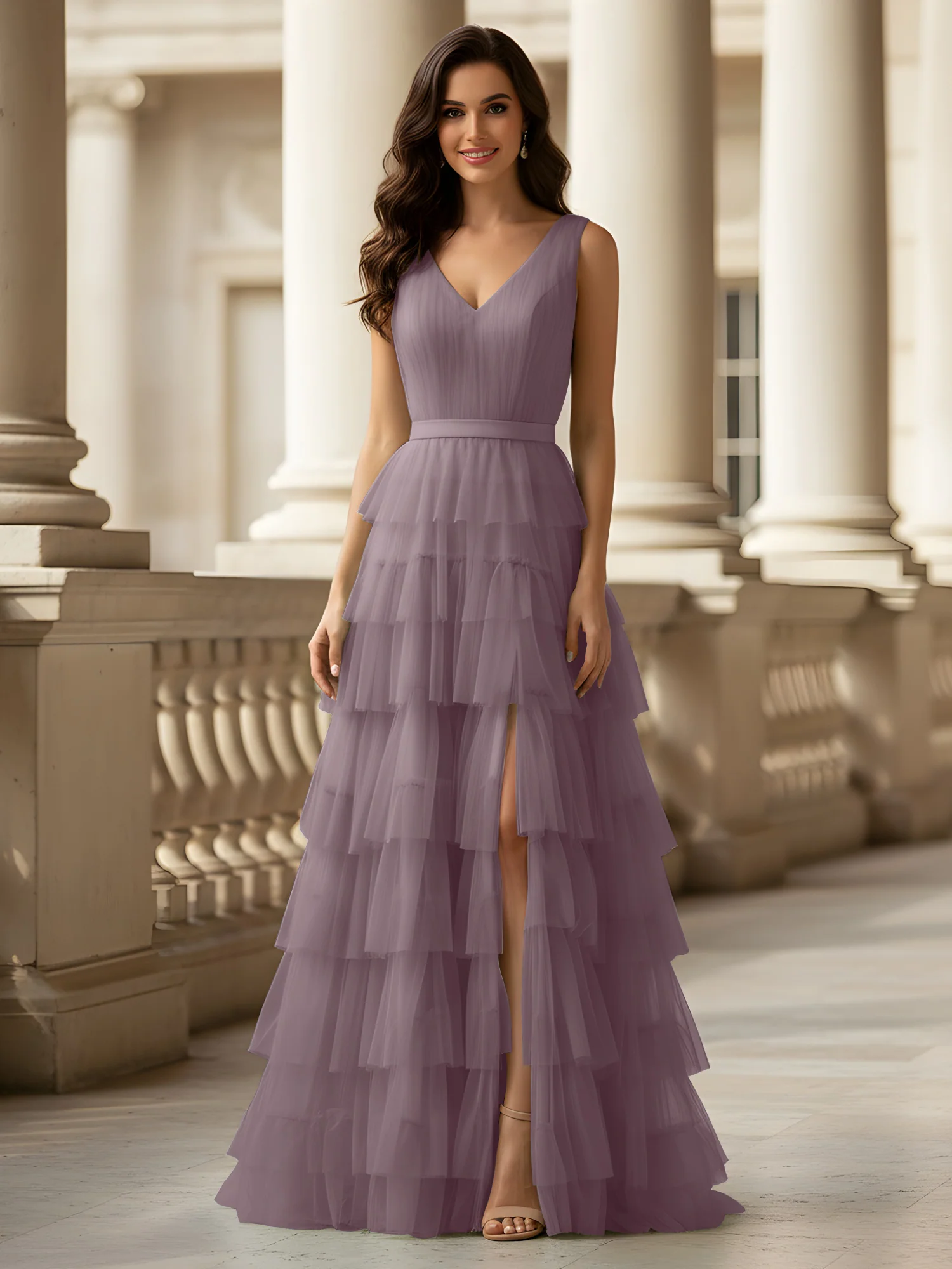 Ruched Bodice Formal Dress with Waistband Detail Dusk