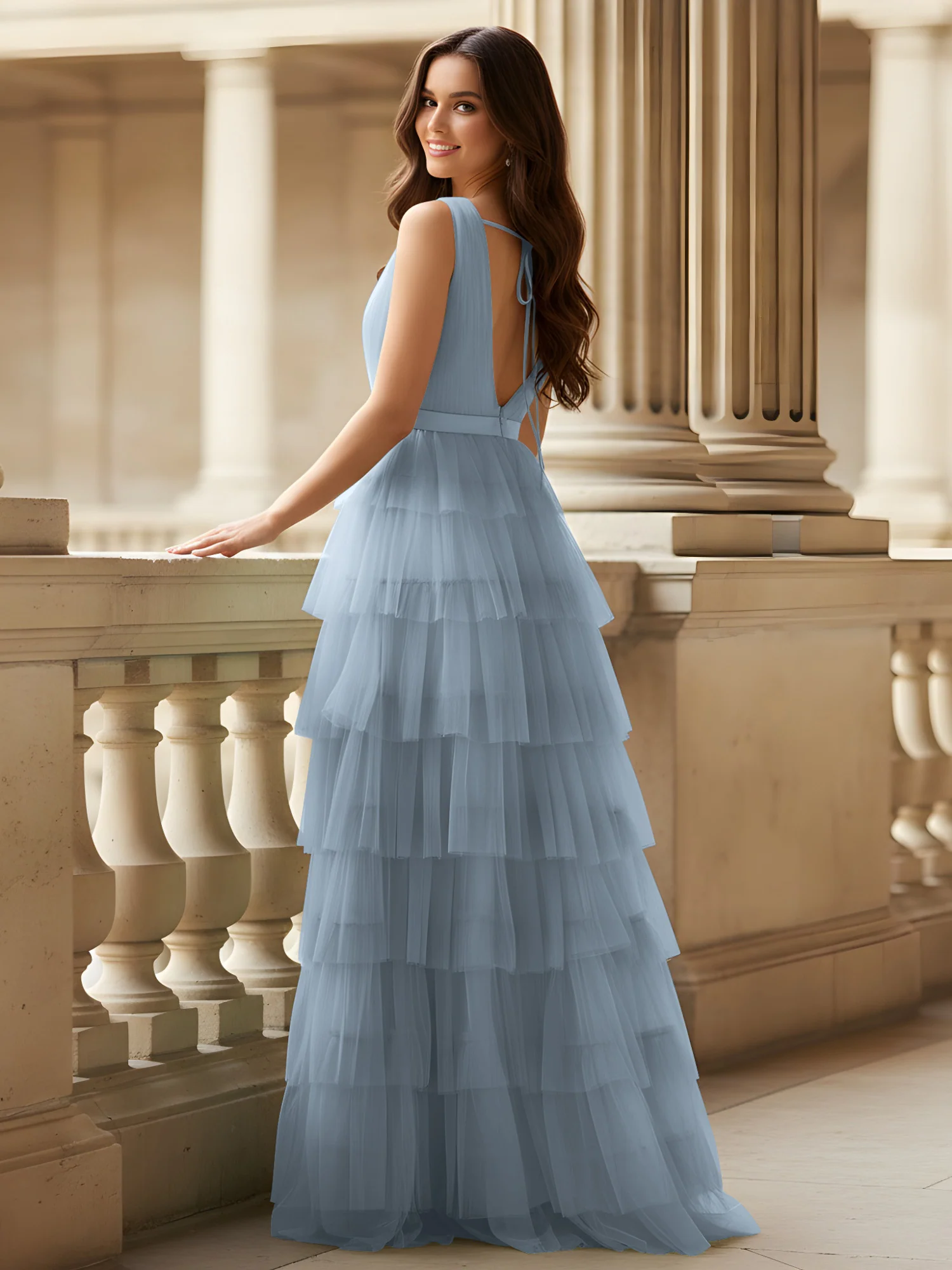 Ruched Bodice Formal Dress with Waistband Detail Dusty Blue - Image 2