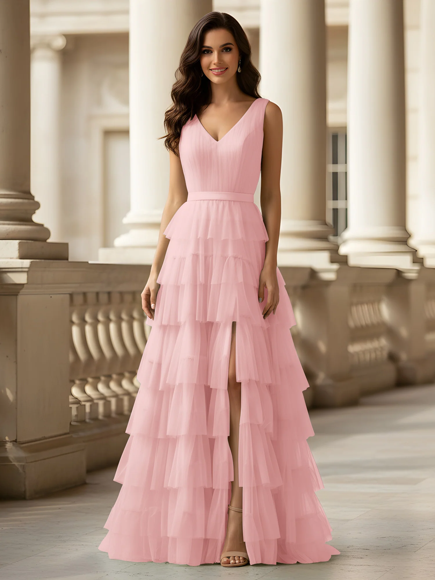 Ruched Bodice Formal Dress with Waistband Detail Dusty Rose