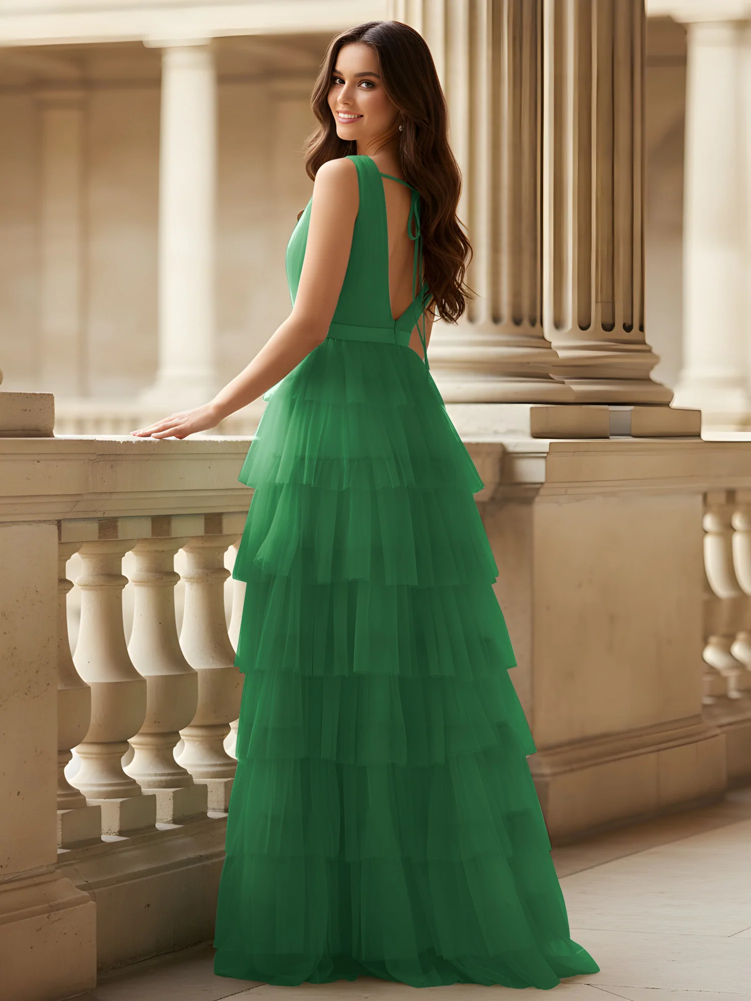 Ruched Bodice Formal Dress with Waistband Detail Emerald - Image 2