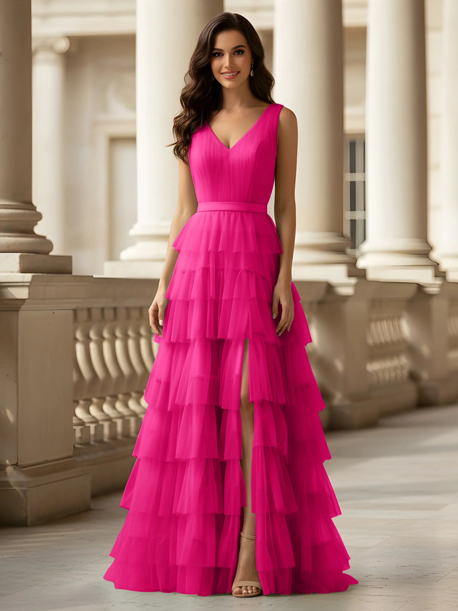 Ruched Bodice Formal Dress with Waistband Detail Fuchsia
