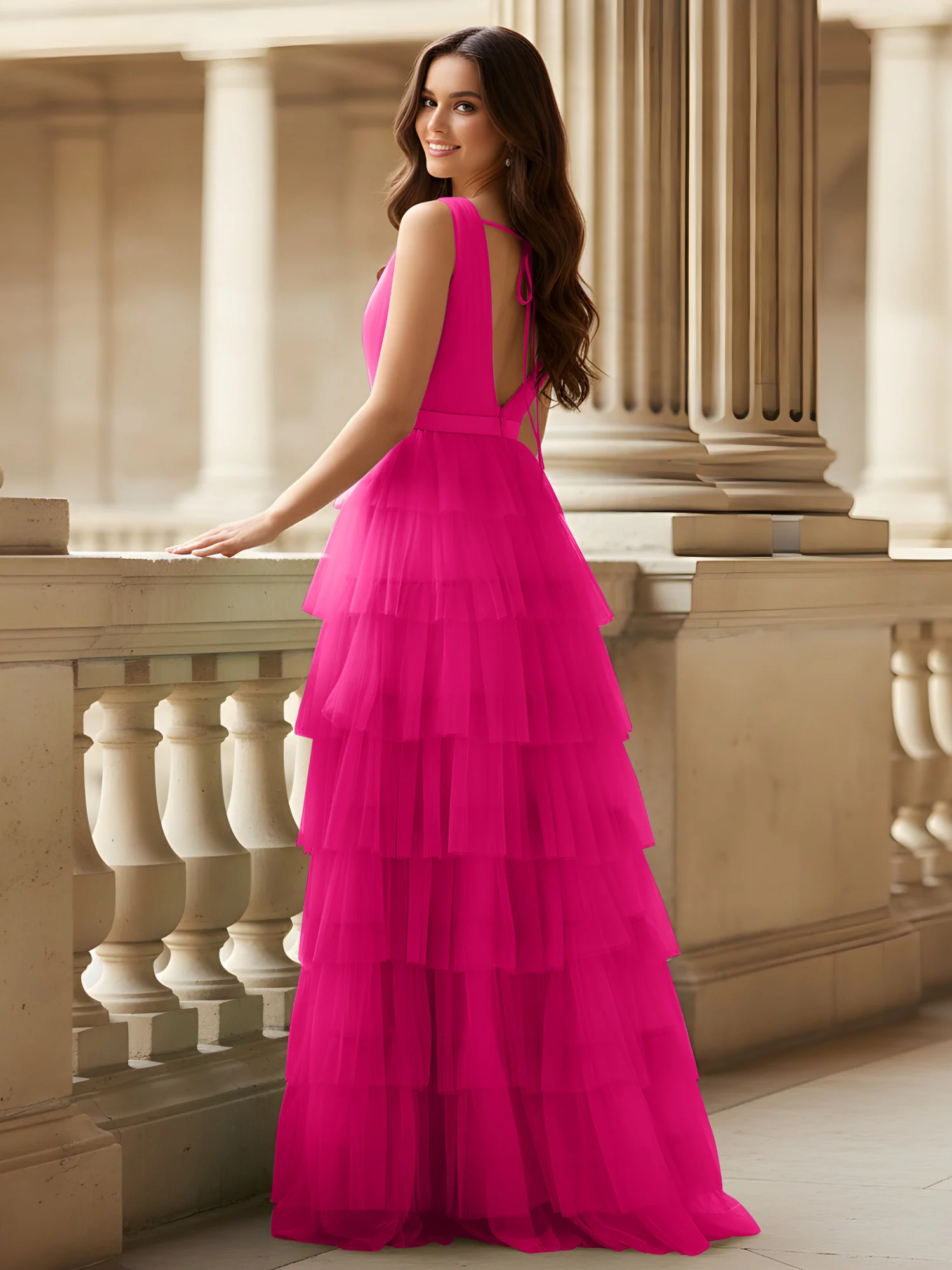 Ruched Bodice Formal Dress with Waistband Detail Fuchsia - Image 2