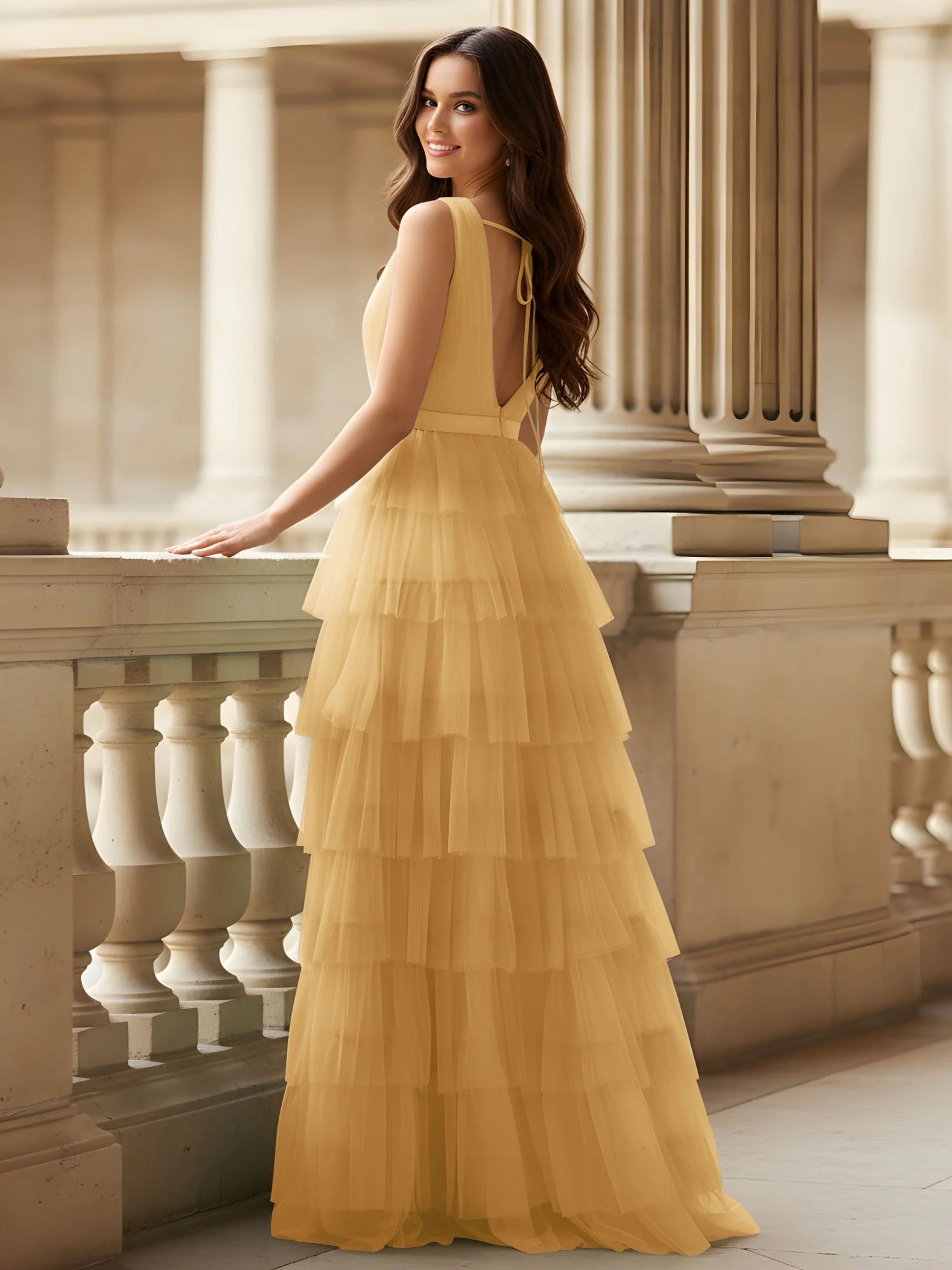 Ruched Bodice Formal Dress with Waistband Detail Gold - Image 2