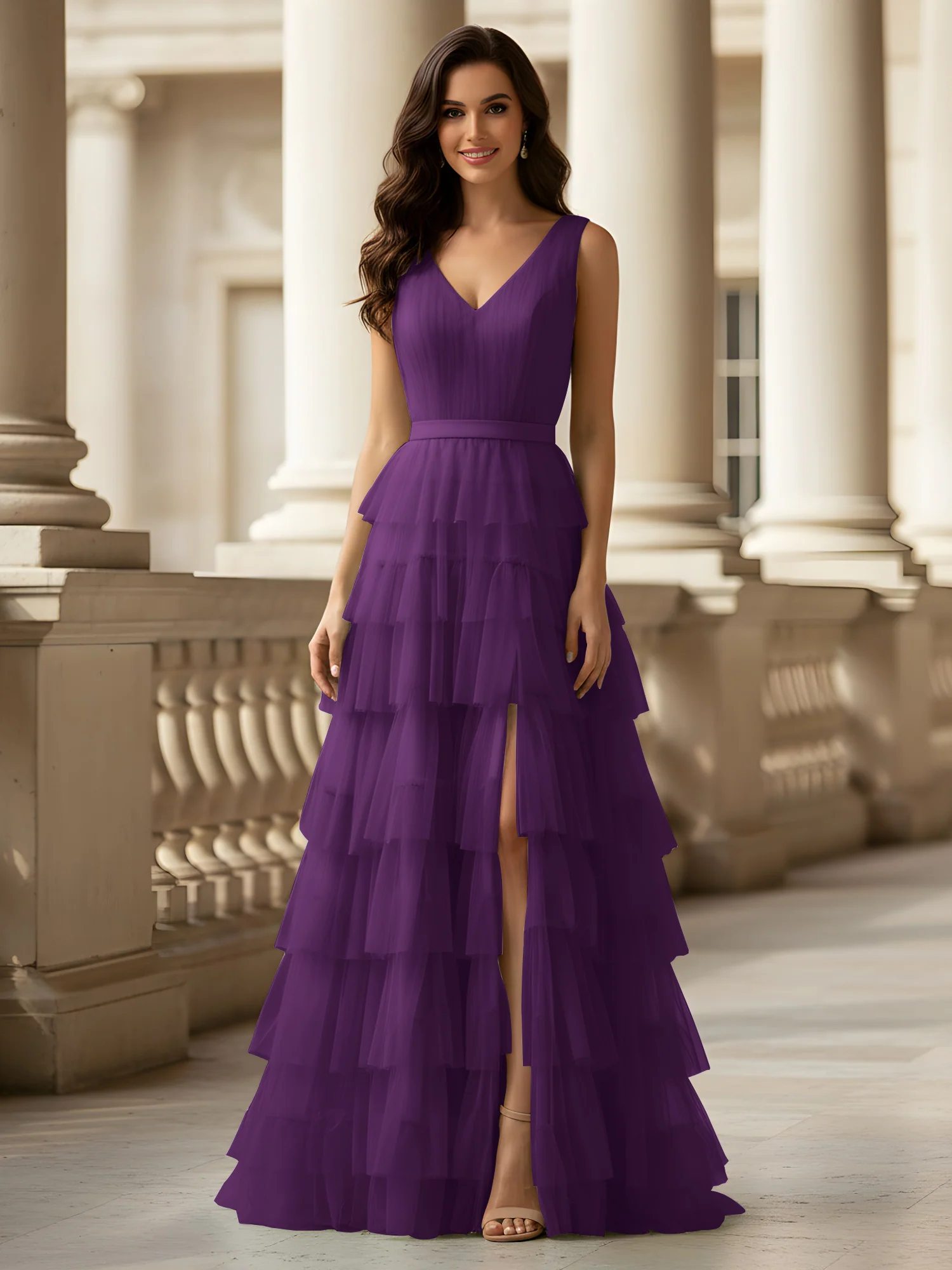 Ruched Bodice Formal Dress with Waistband Detail Grape