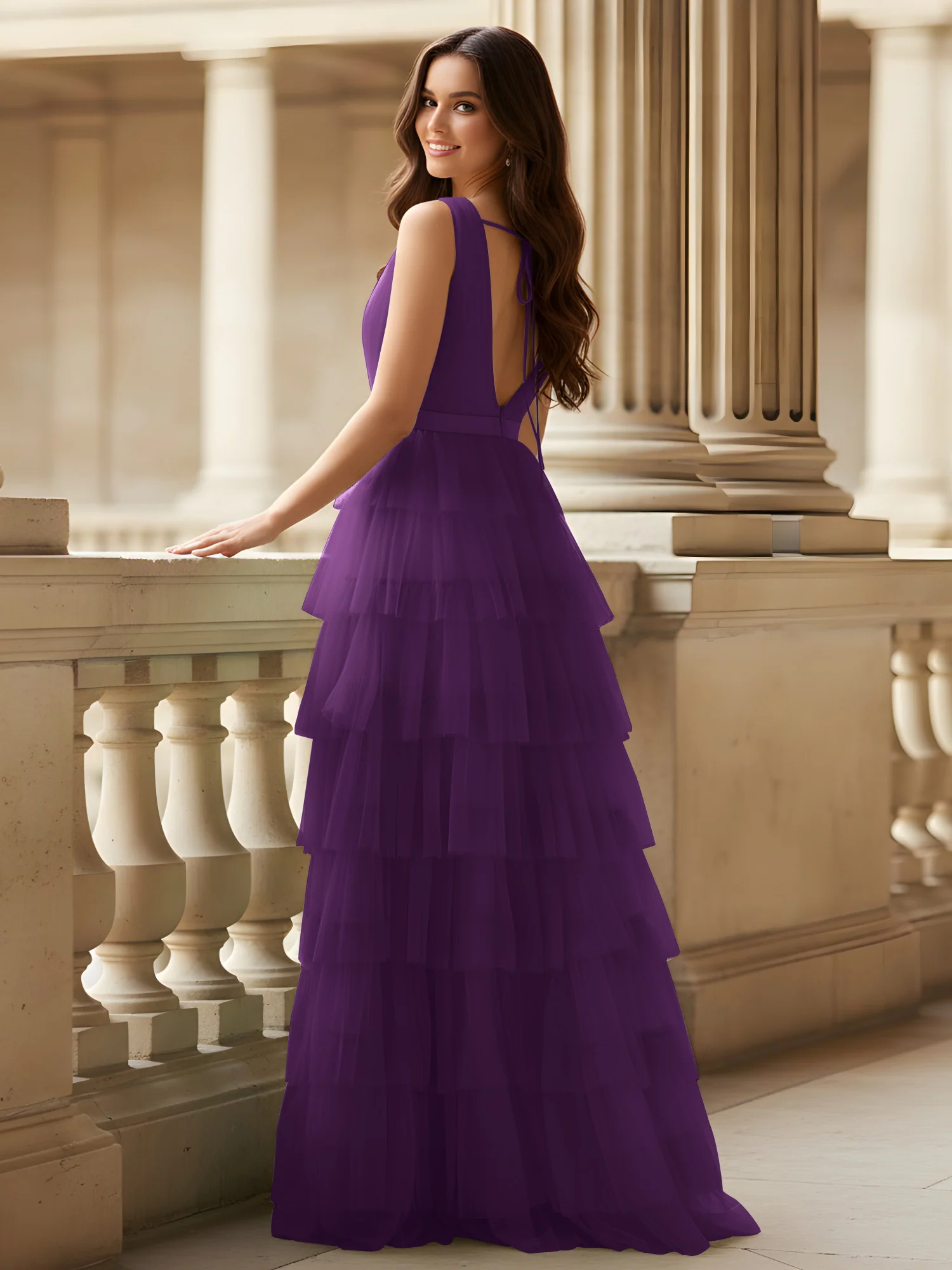 Ruched Bodice Formal Dress with Waistband Detail Grape - Image 2
