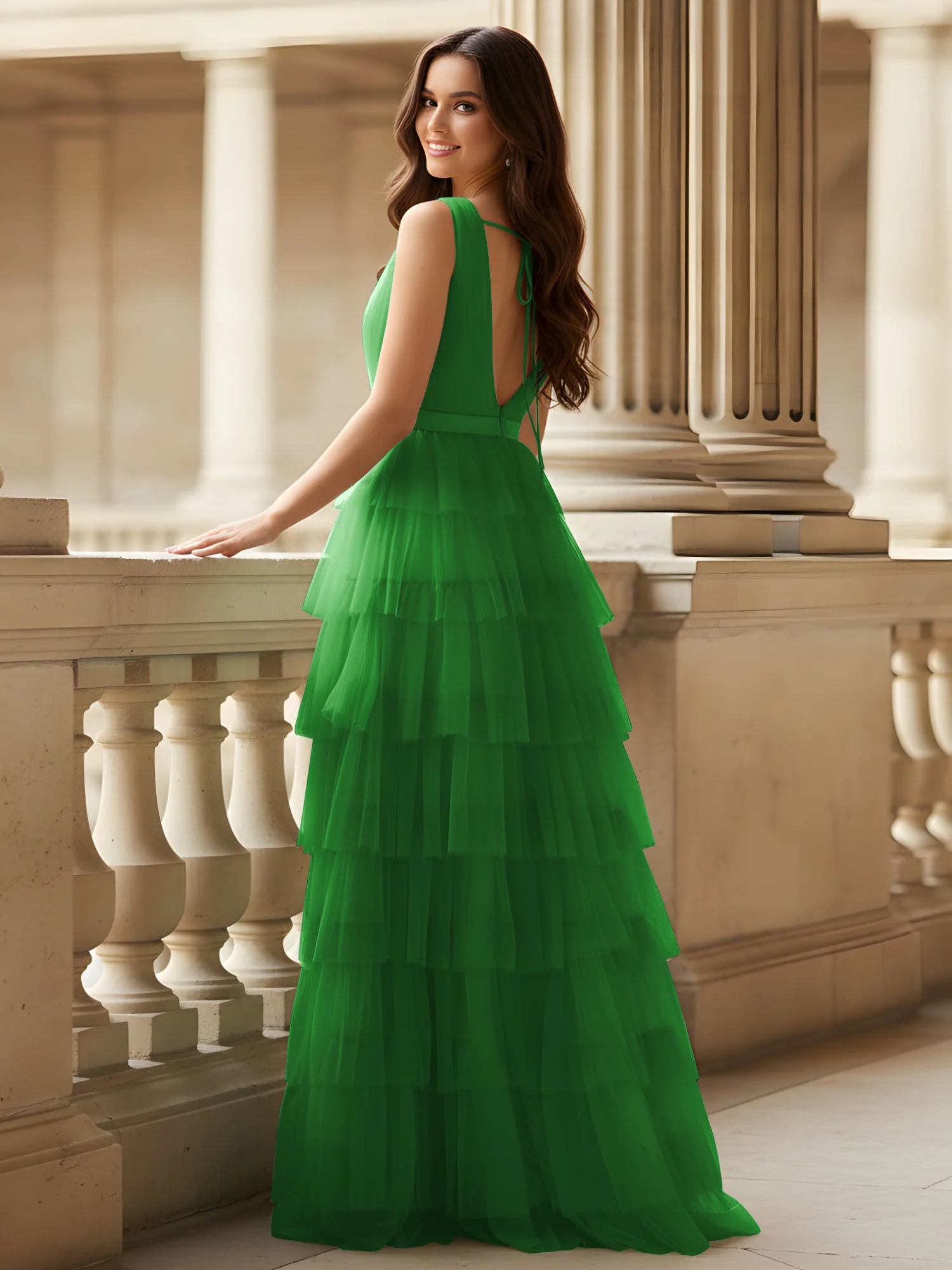 Ruched Bodice Formal Dress with Waistband Detail Green - Image 2