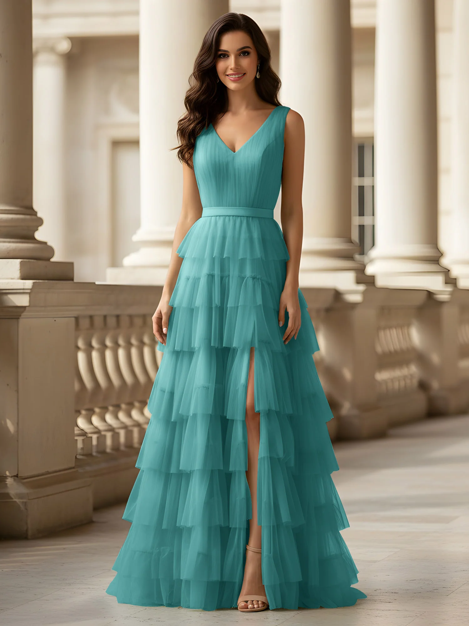 Ruched Bodice Formal Dress with Waistband Detail Jade