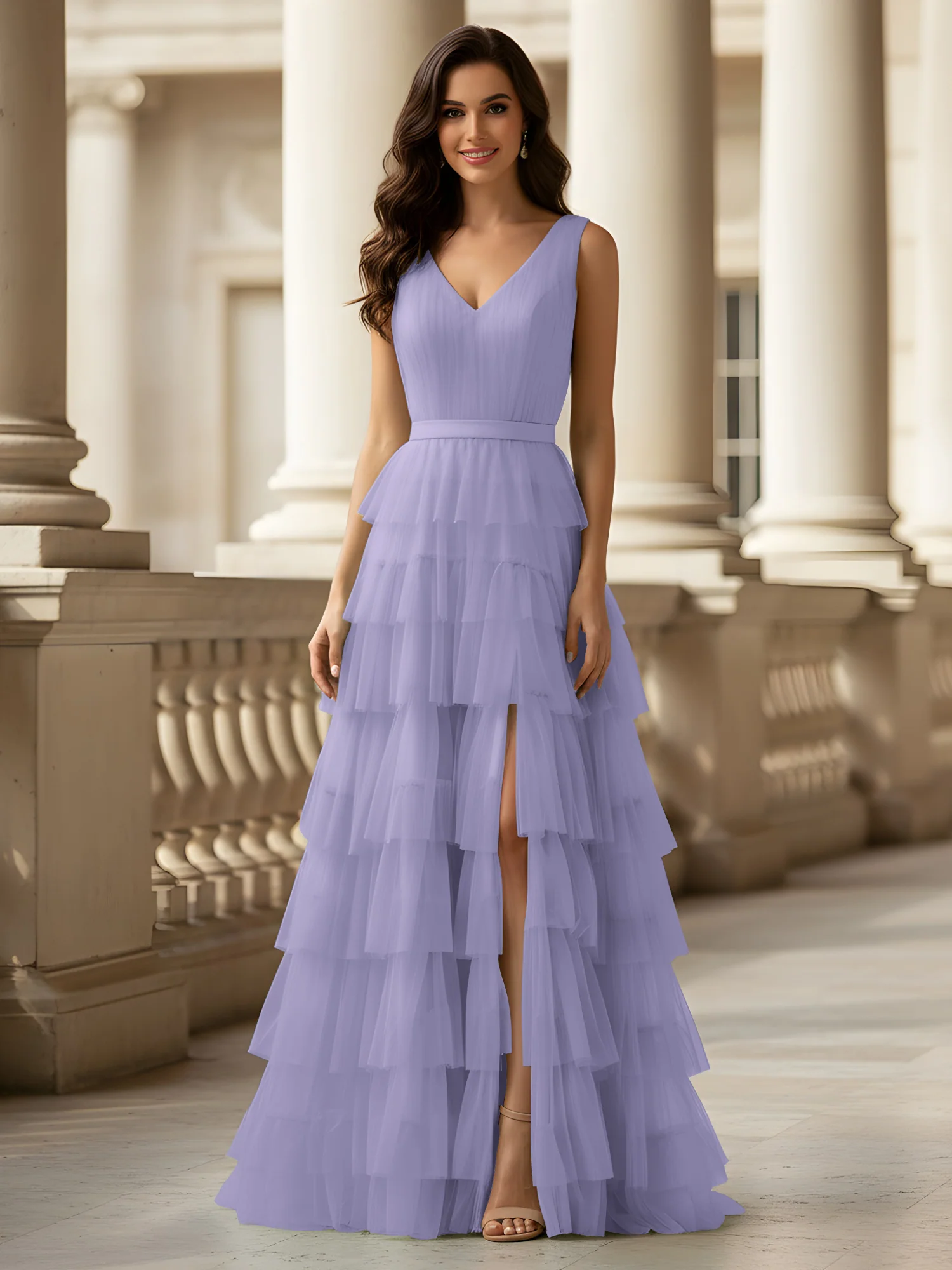 Ruched Bodice Formal Dress with Waistband Detail Lavender