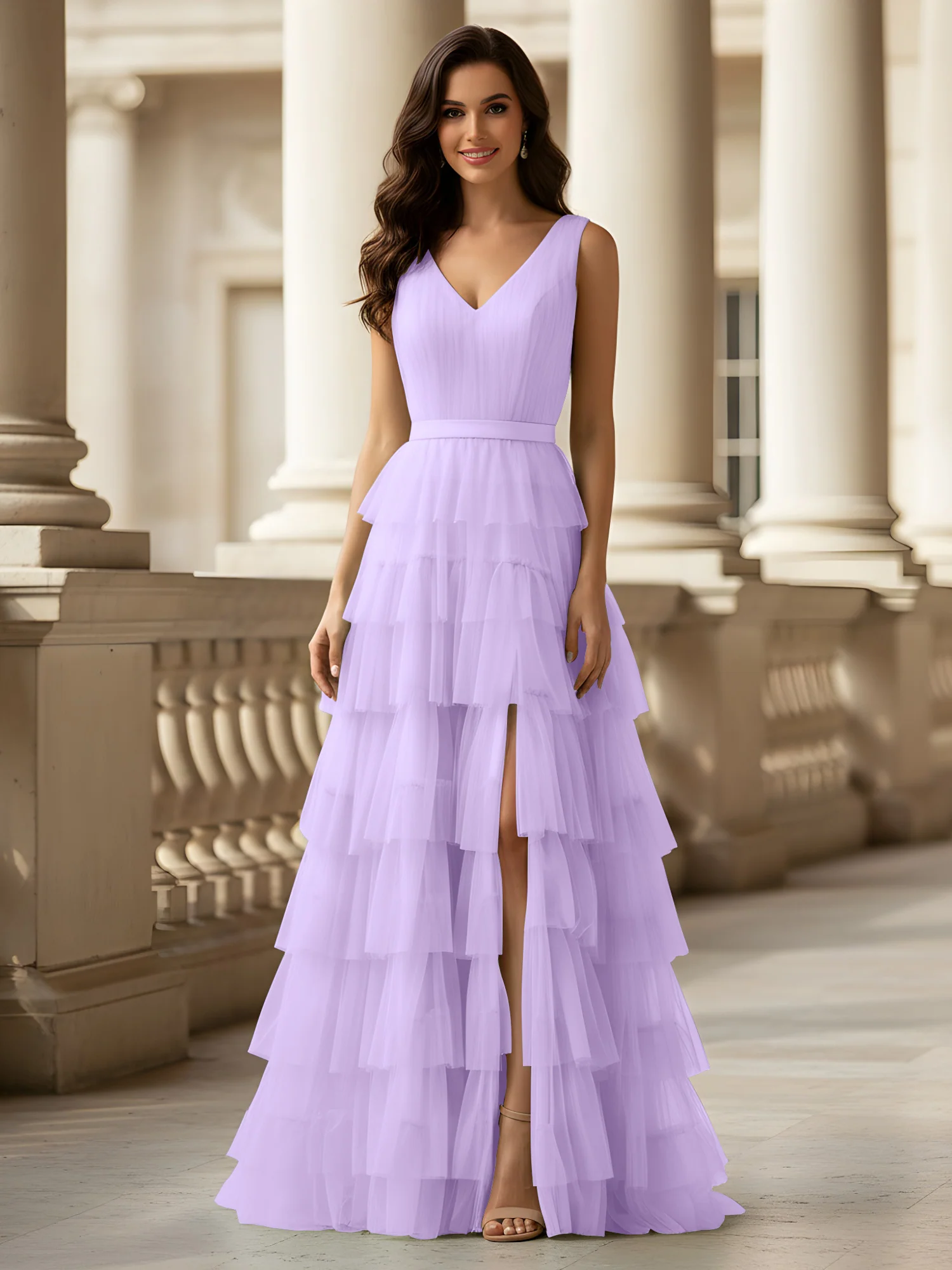 Ruched Bodice Formal Dress with Waistband Detail Lilac