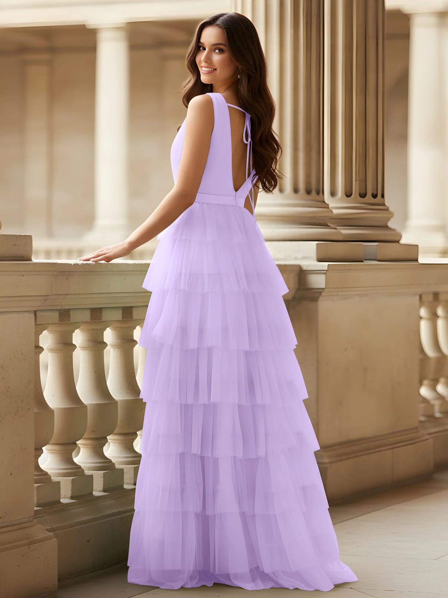 Ruched Bodice Formal Dress with Waistband Detail Lilac - Image 2