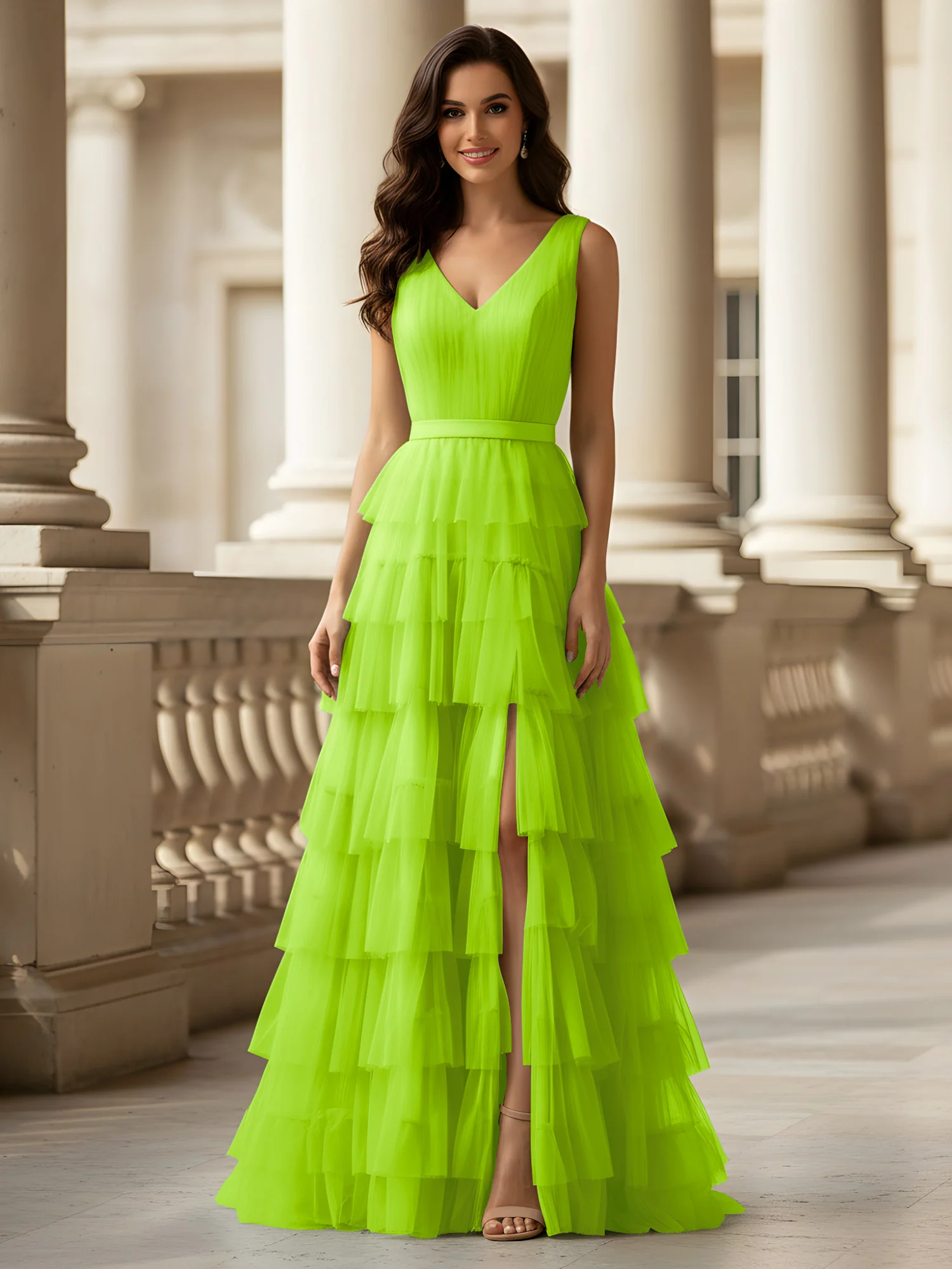 Ruched Bodice Formal Dress with Waistband Detail Lime Green