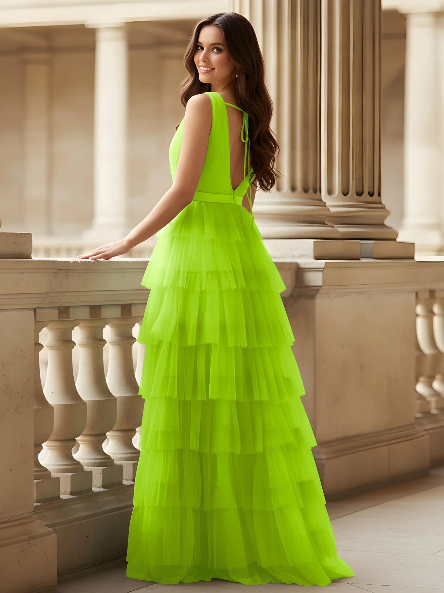 Ruched Bodice Formal Dress with Waistband Detail Lime Green - Image 2