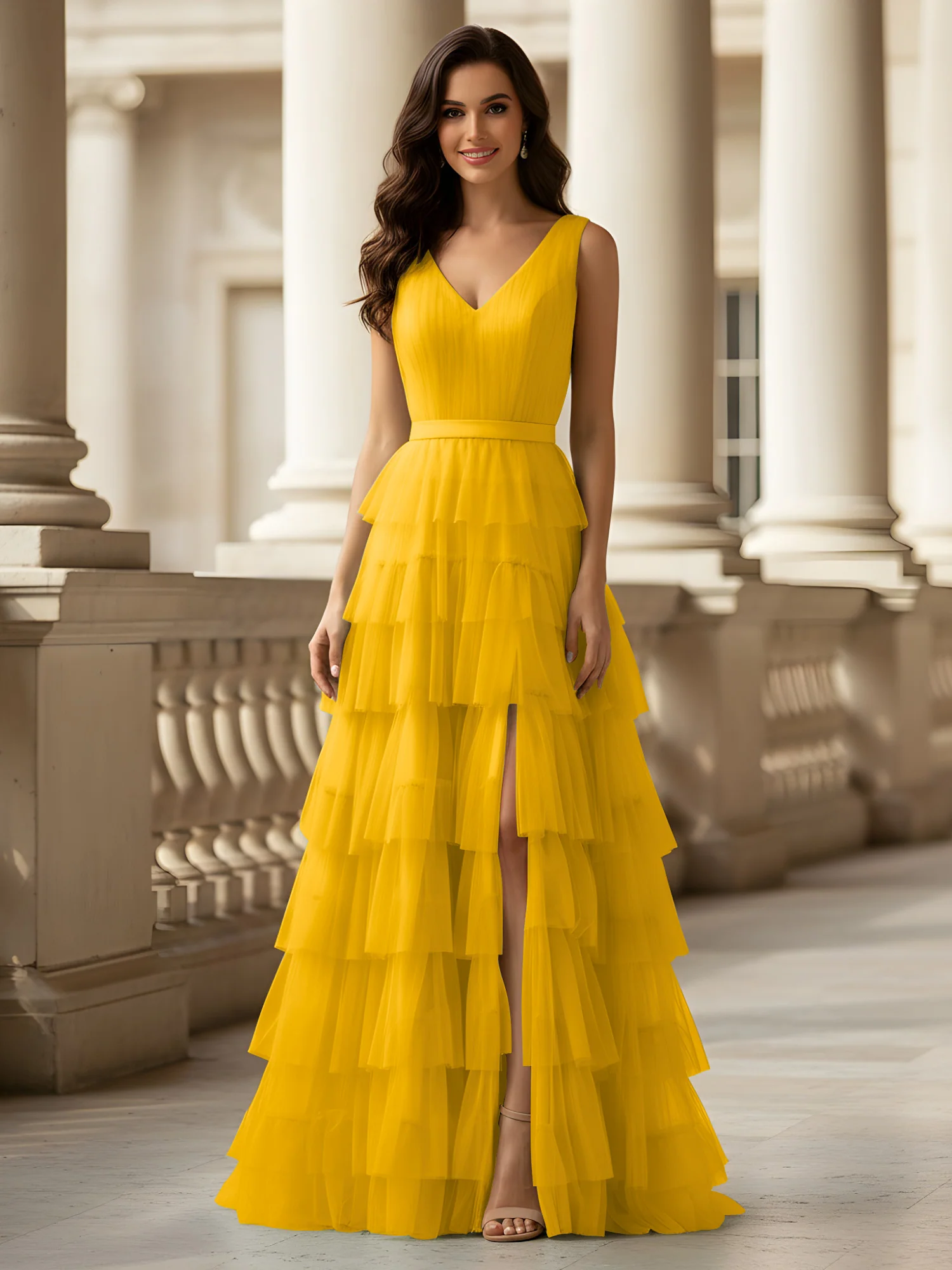 Ruched Bodice Formal Dress with Waistband Detail Marigold