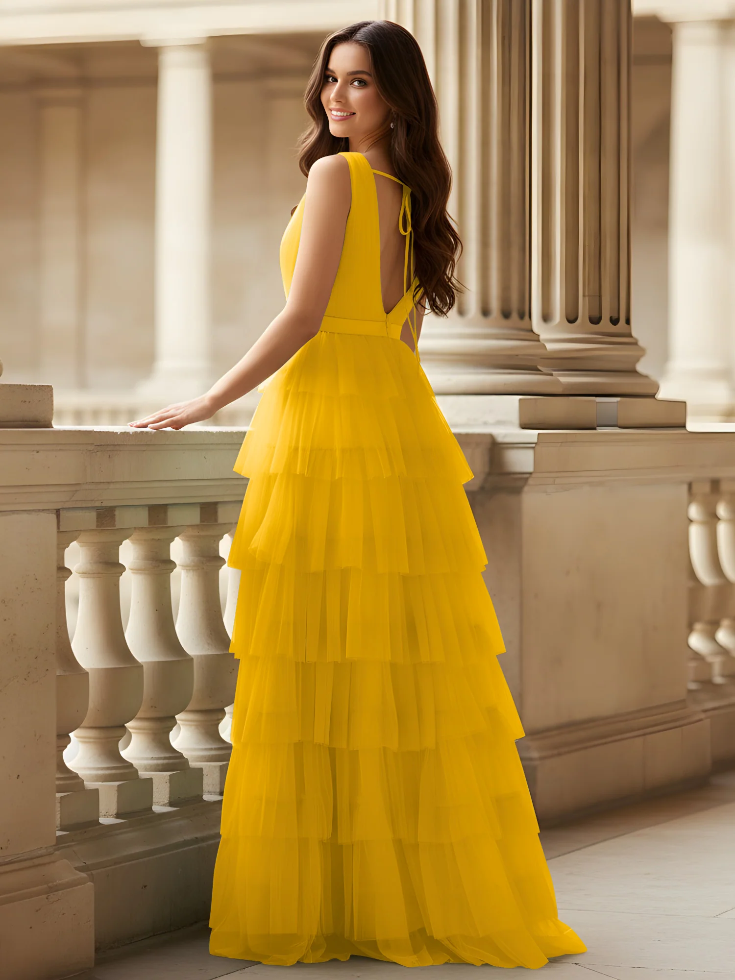 Ruched Bodice Formal Dress with Waistband Detail Marigold - Image 2