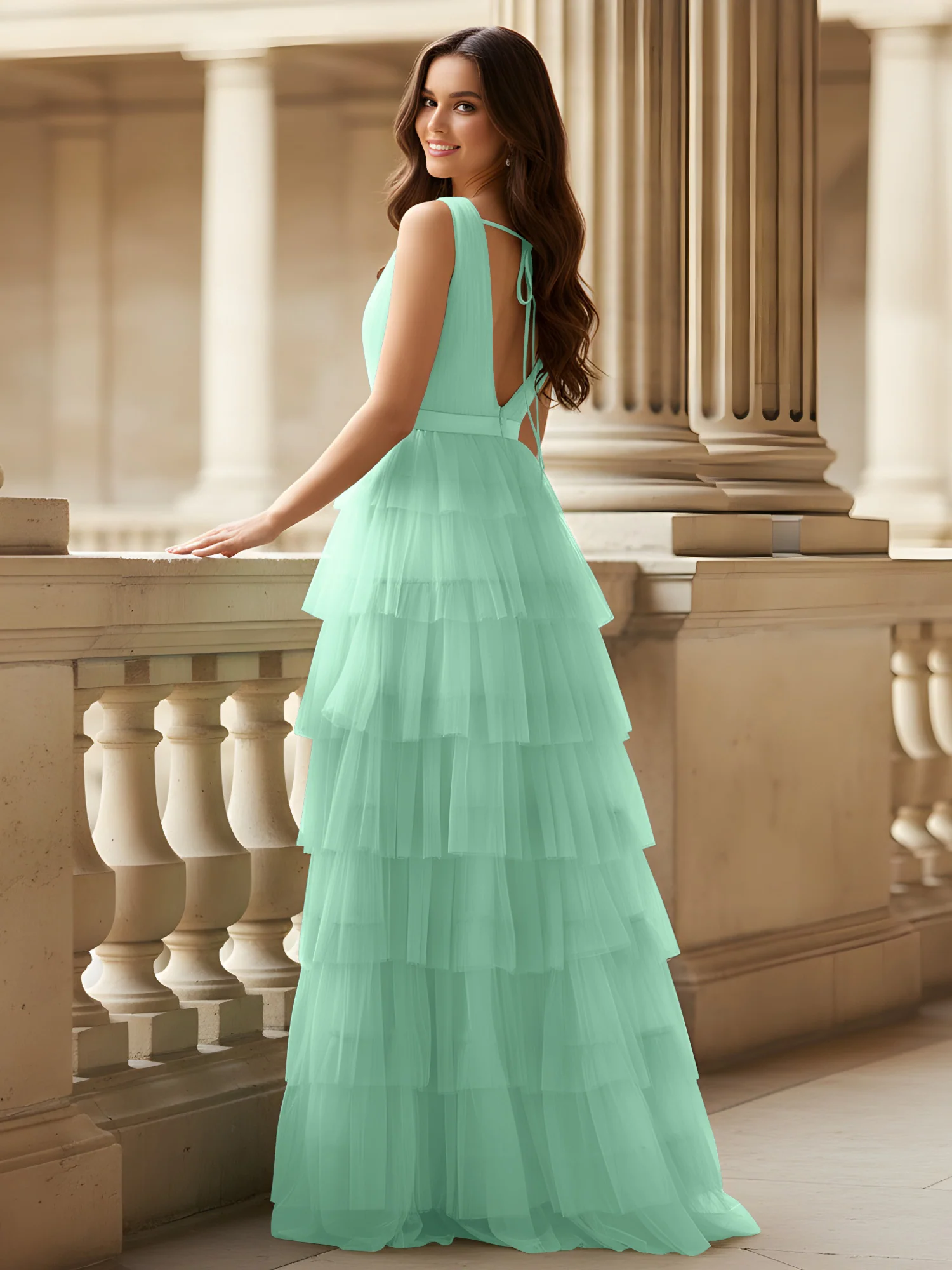 Ruched Bodice Formal Dress with Waistband Detail Mint Green - Image 2