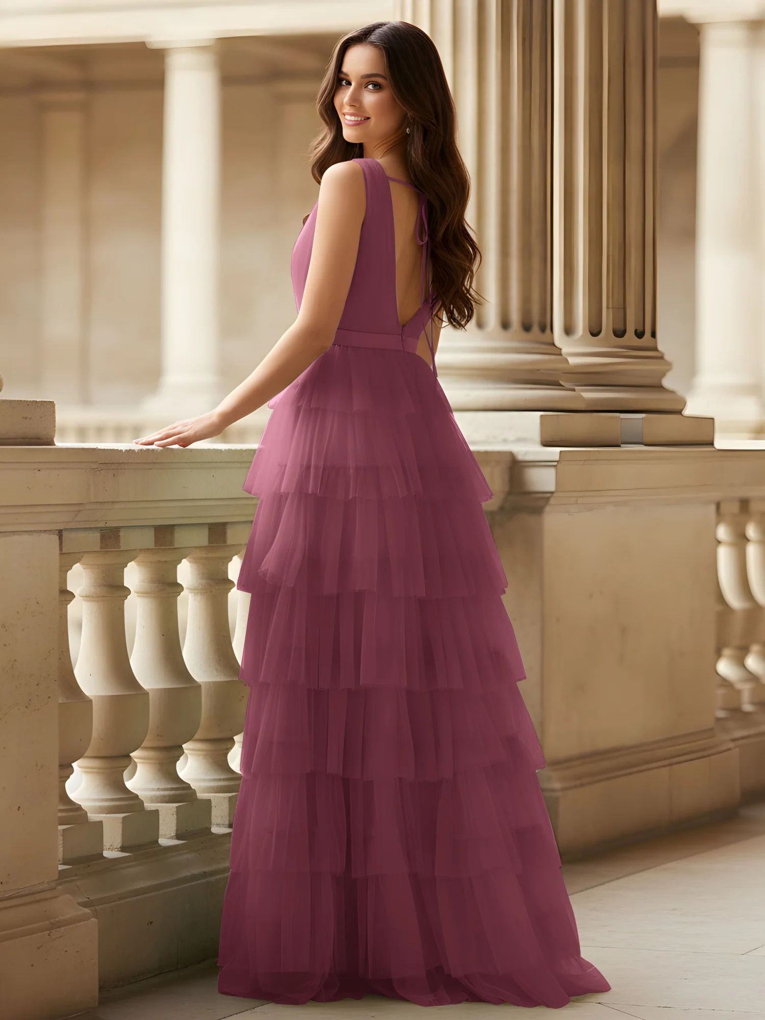 Ruched Bodice Formal Dress with Waistband Detail Mulberry - Image 2