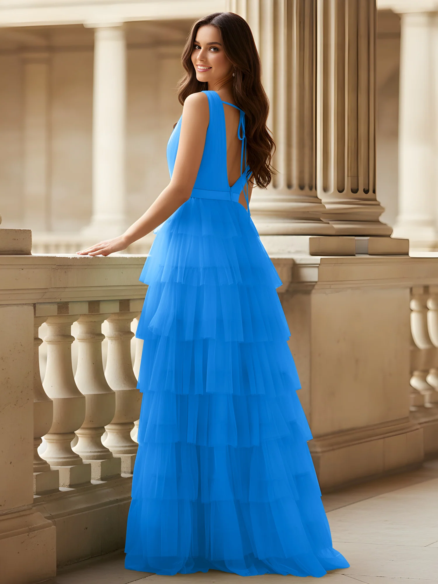 Ruched Bodice Formal Dress with Waistband Detail Ocean Blue - Image 2