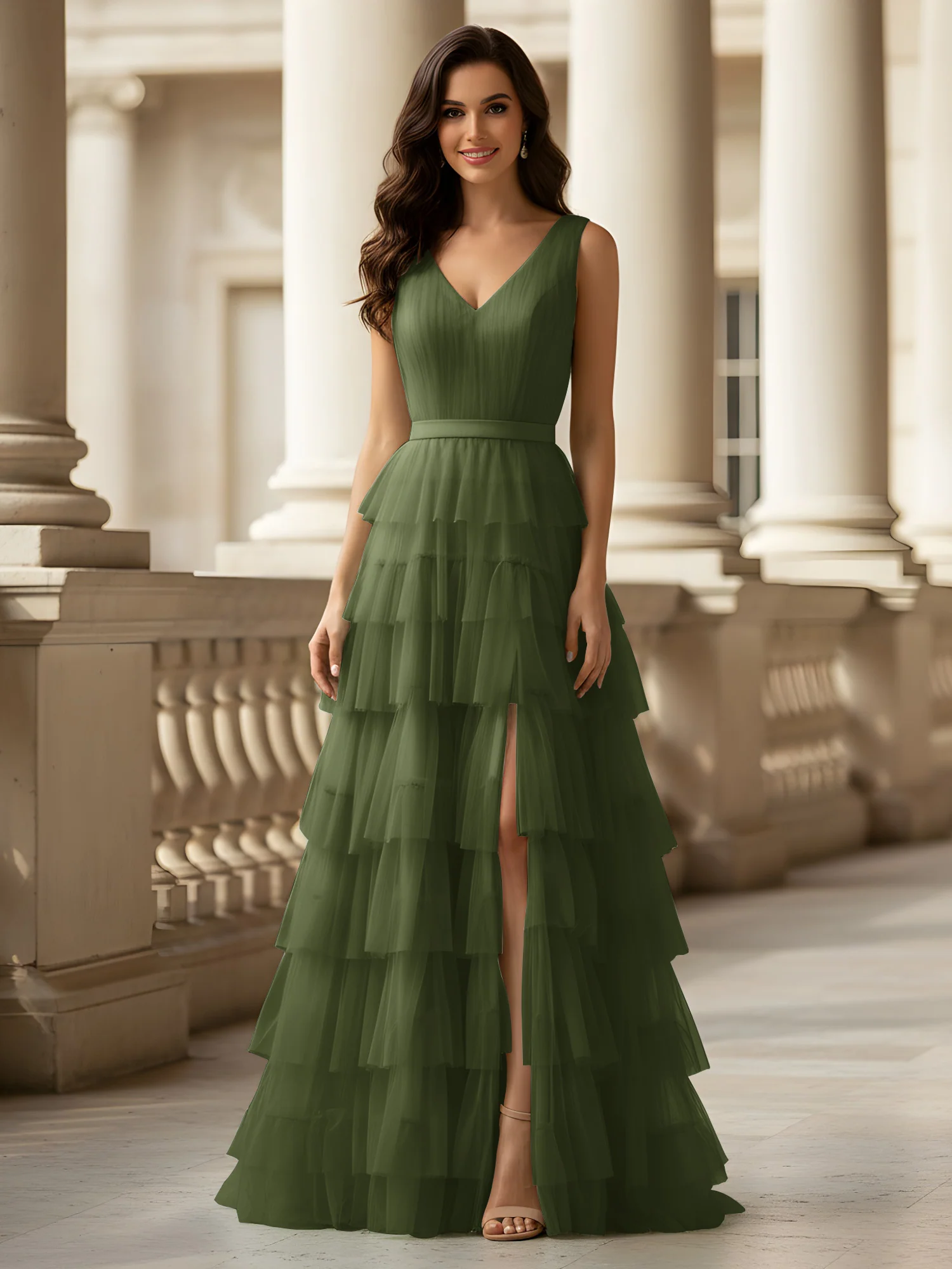 Ruched Bodice Formal Dress with Waistband Detail Olive Green