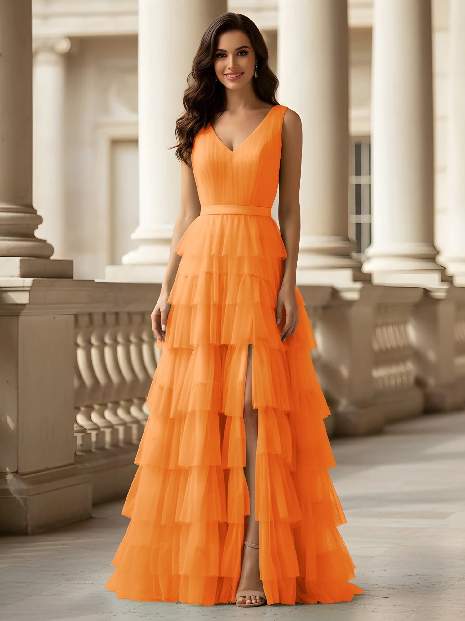 Ruched Bodice Formal Dress with Waistband Detail Orange