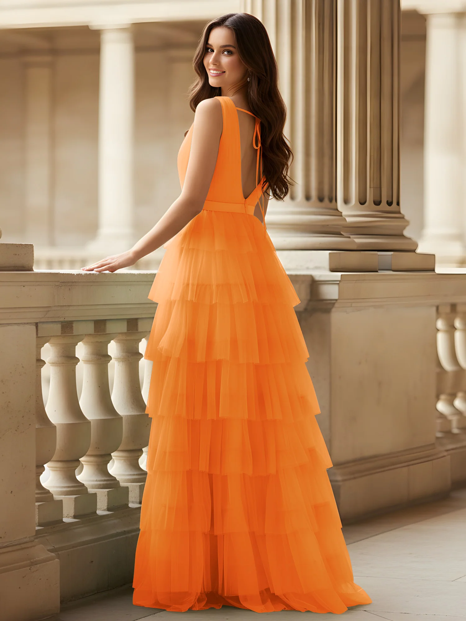Ruched Bodice Formal Dress with Waistband Detail Orange - Image 2
