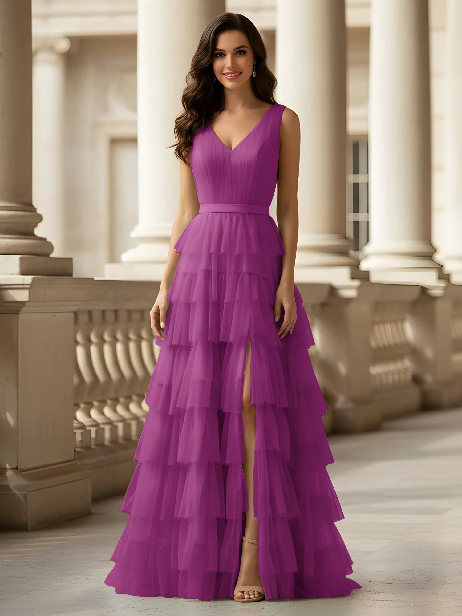 Ruched Bodice Formal Dress with Waistband Detail Orchid