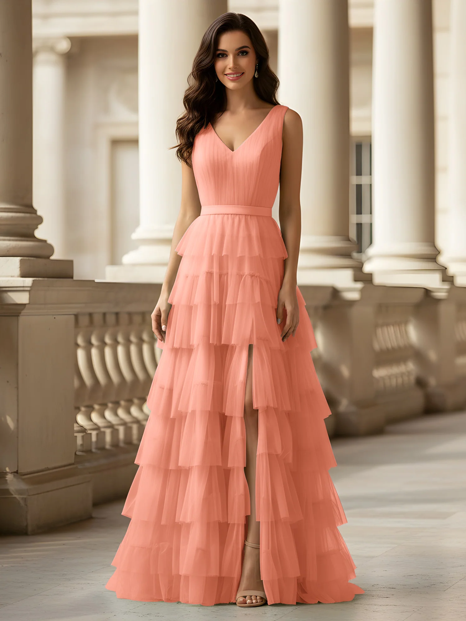 Ruched Bodice Formal Dress with Waistband Detail Papaya