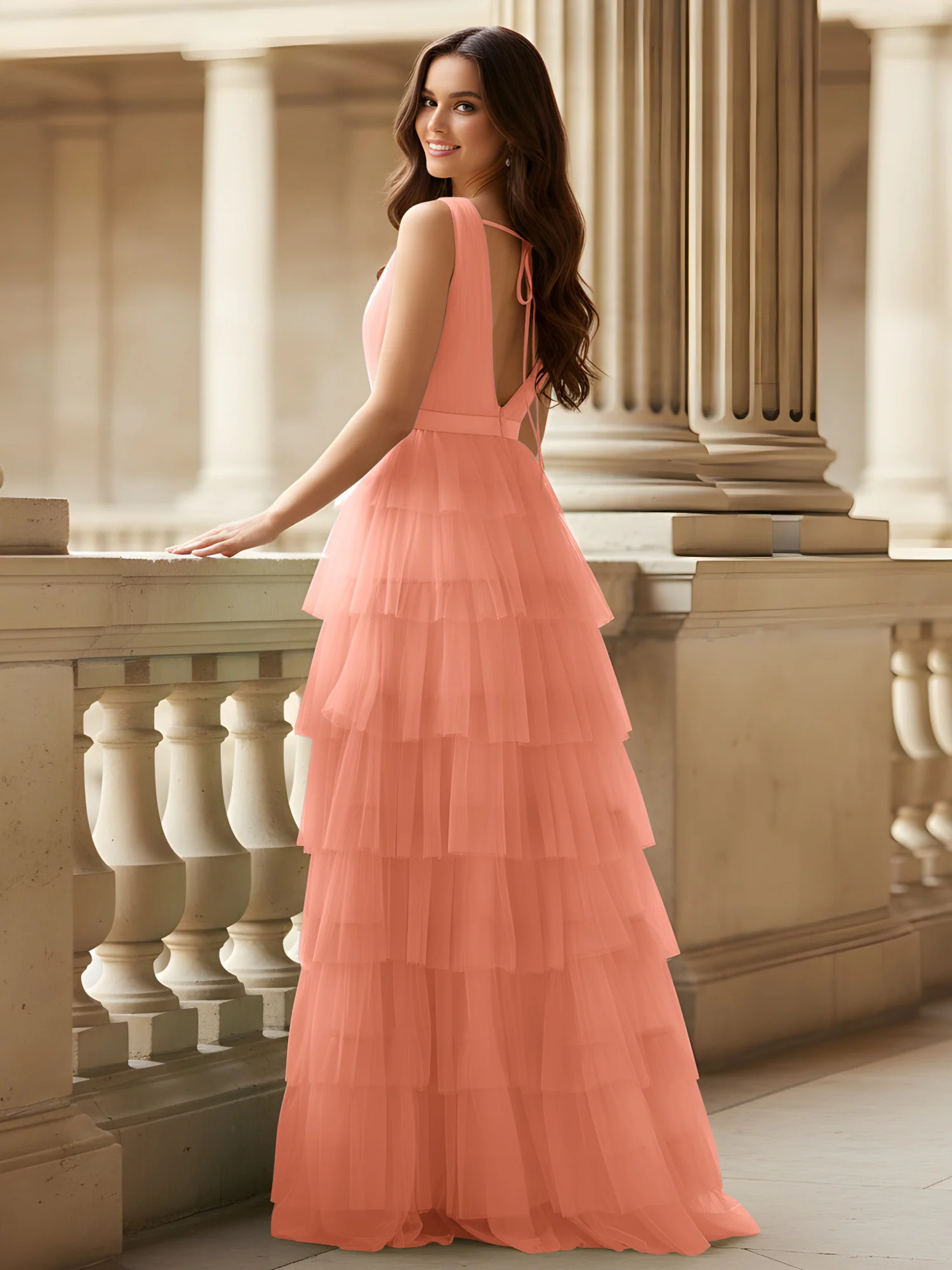 Ruched Bodice Formal Dress with Waistband Detail Papaya - Image 2