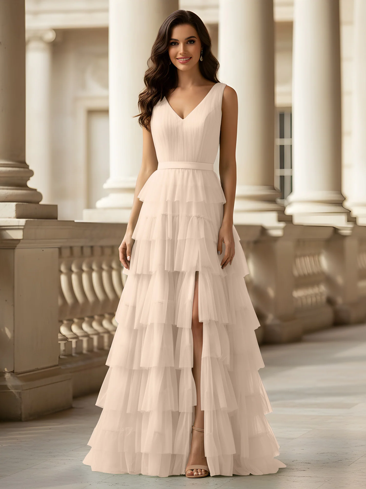 Ruched Bodice Formal Dress with Waistband Detail Peach