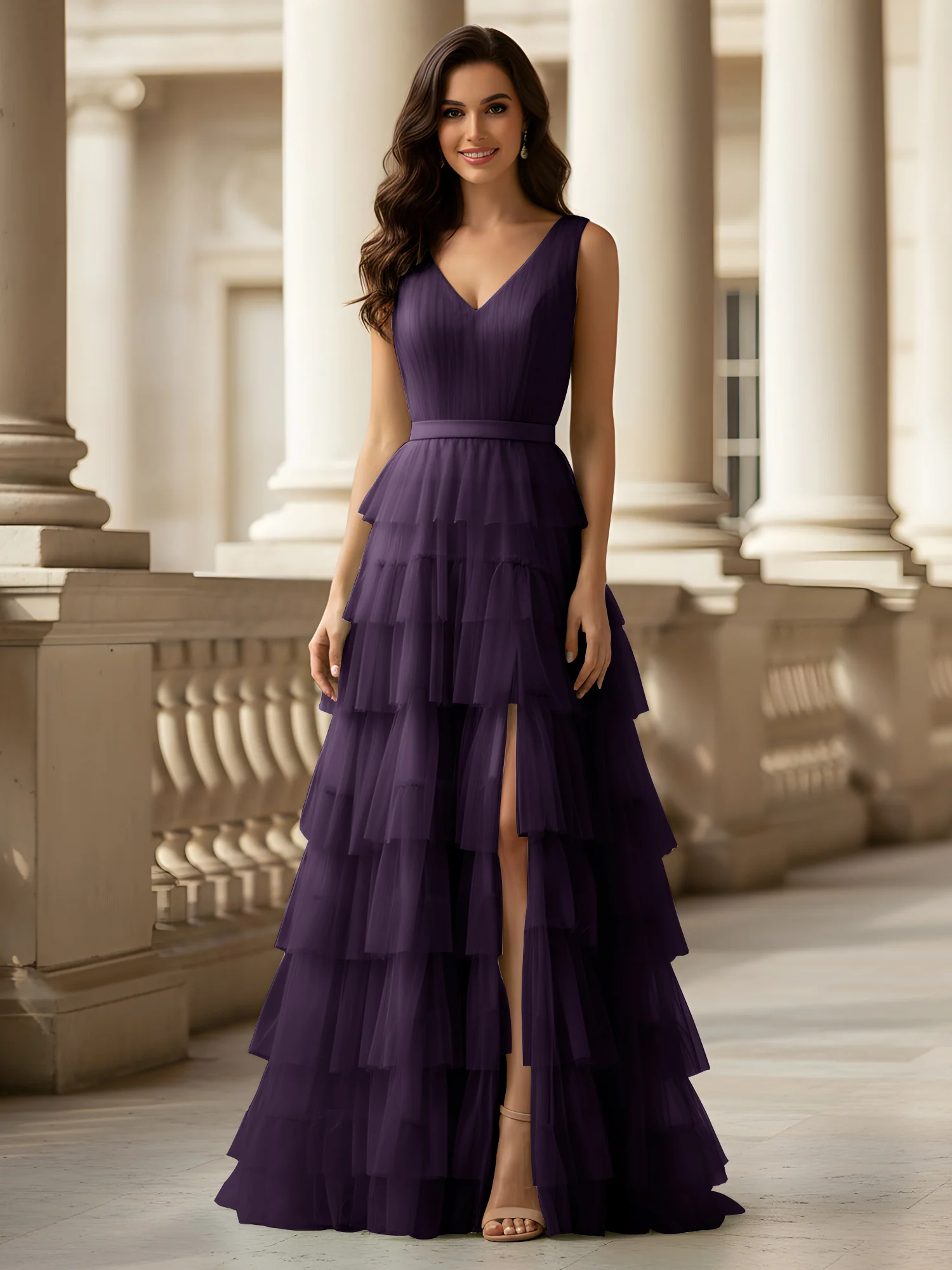 Ruched Bodice Formal Dress with Waistband Detail Plum