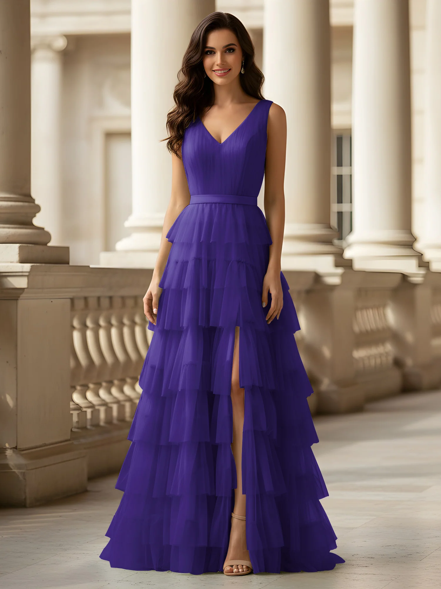 Ruched Bodice Formal Dress with Waistband Detail Regency