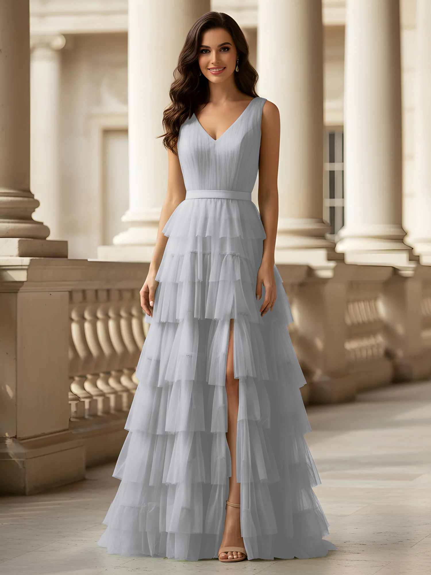 Ruched Bodice Formal Dress with Waistband Detail Silver