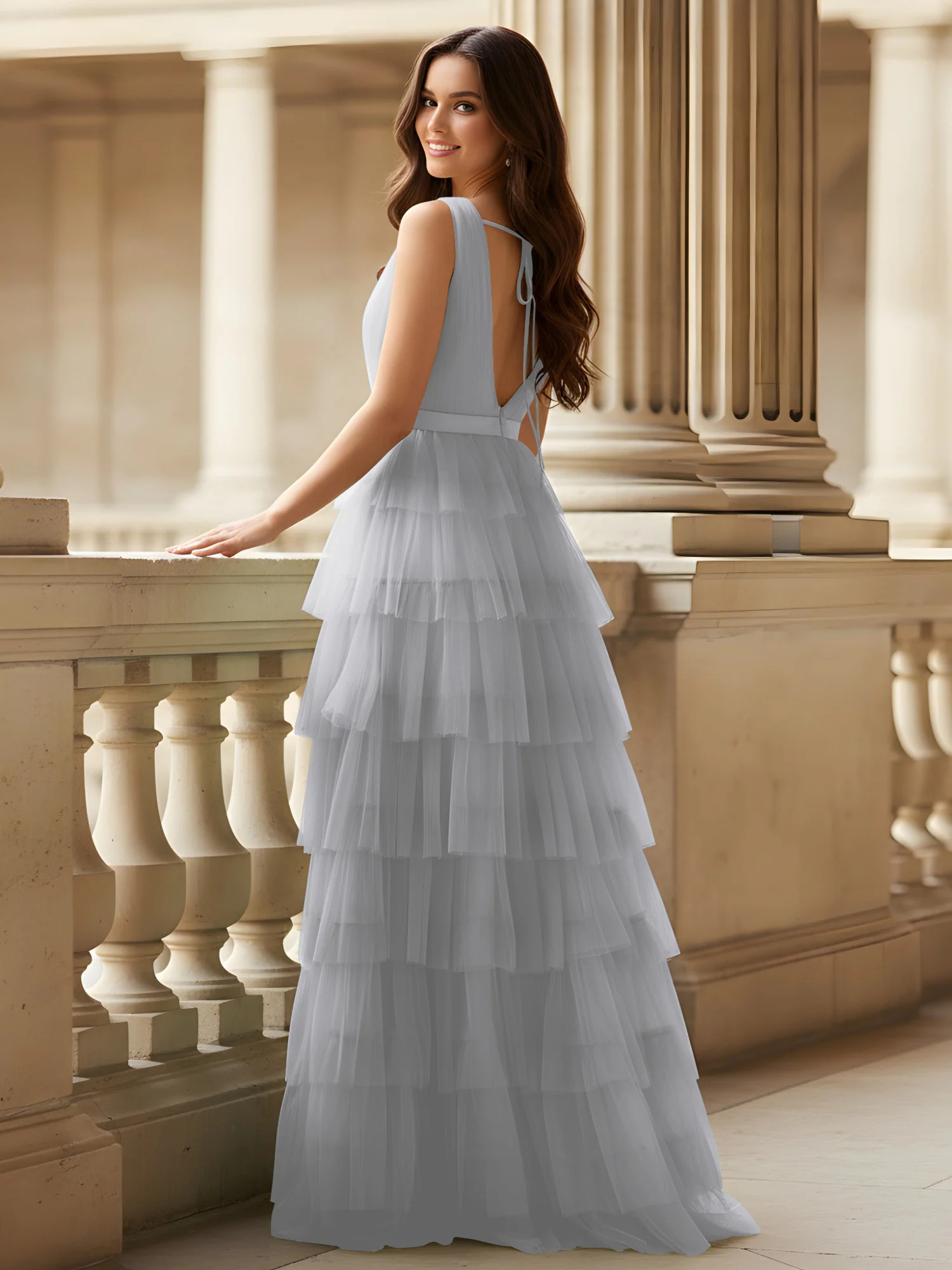 Ruched Bodice Formal Dress with Waistband Detail Silver - Image 2