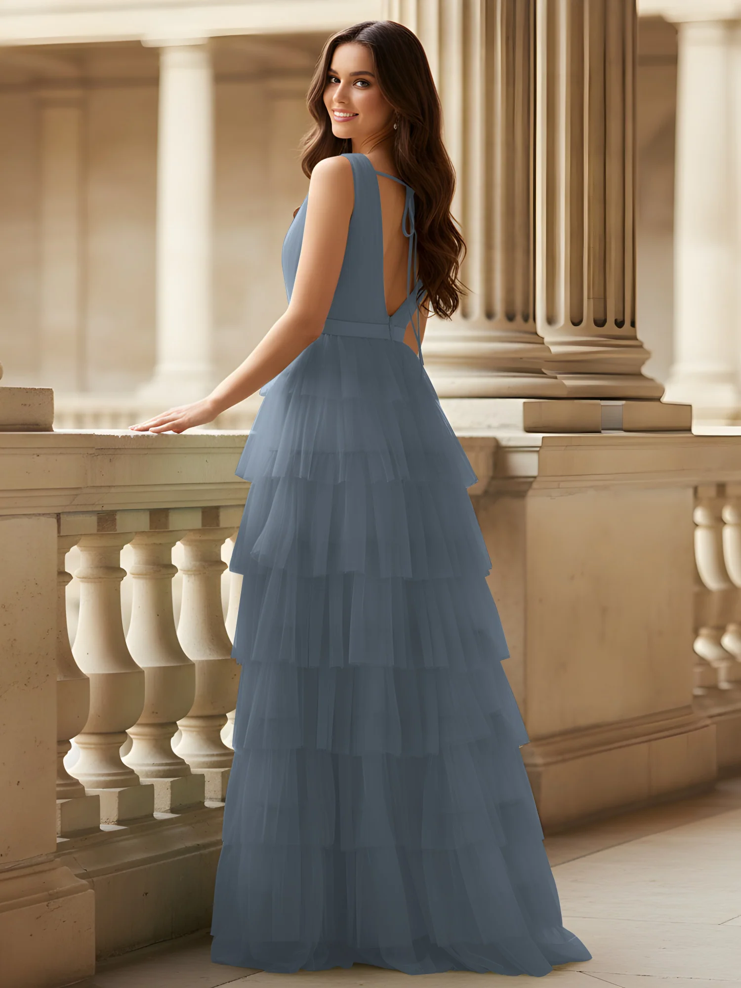 Ruched Bodice Formal Dress with Waistband Detail Slate Blue - Image 2