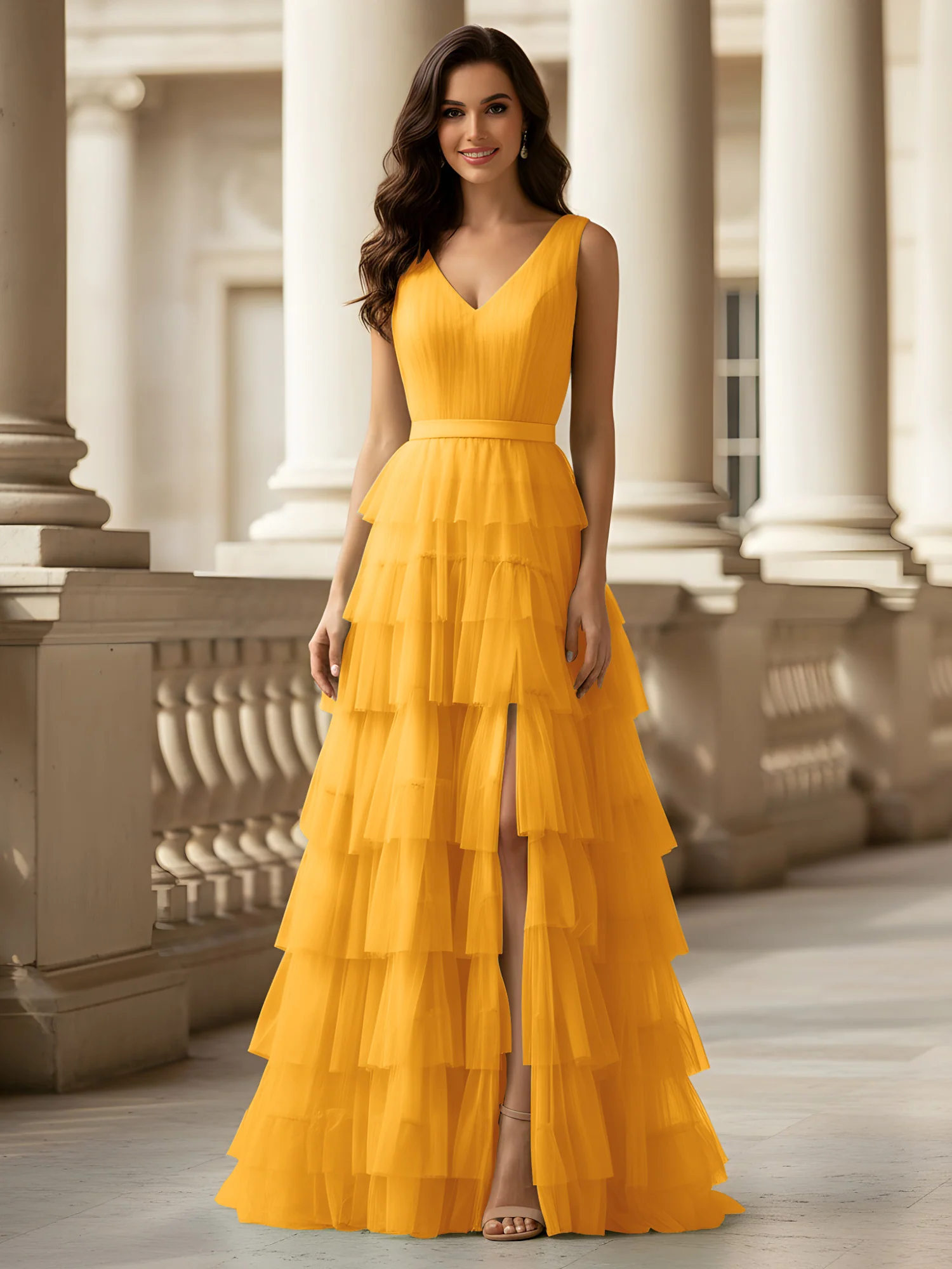 Ruched Bodice Formal Dress with Waistband Detail Tangerine