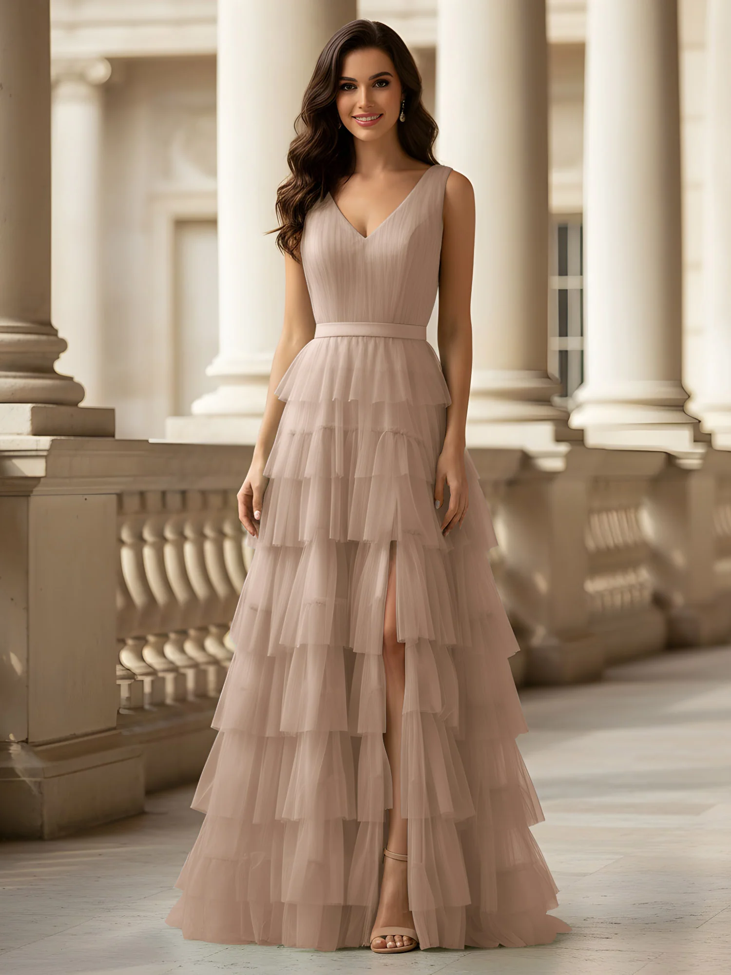 Ruched Bodice Formal Dress with Waistband Detail Taupe