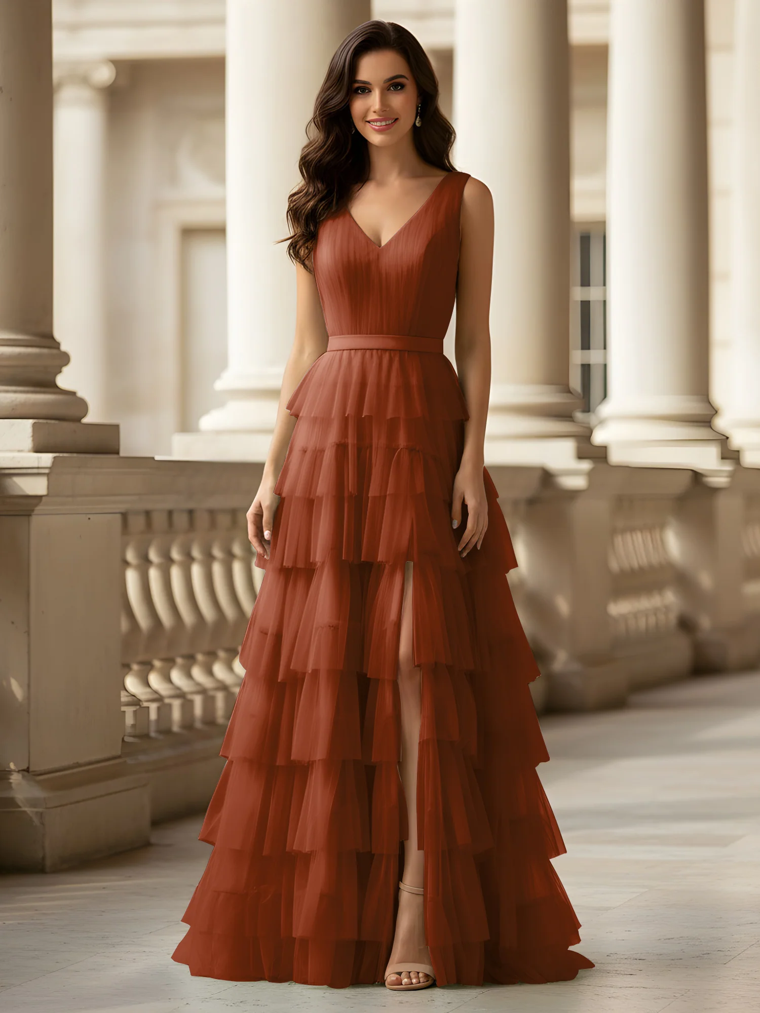 Ruched Bodice Formal Dress with Waistband Detail Terracotta