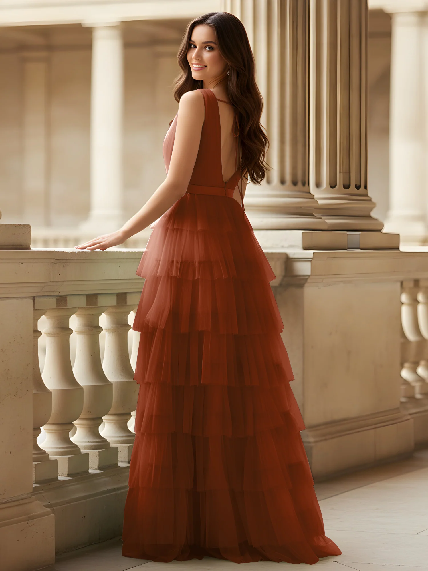 Ruched Bodice Formal Dress with Waistband Detail Terracotta - Image 2
