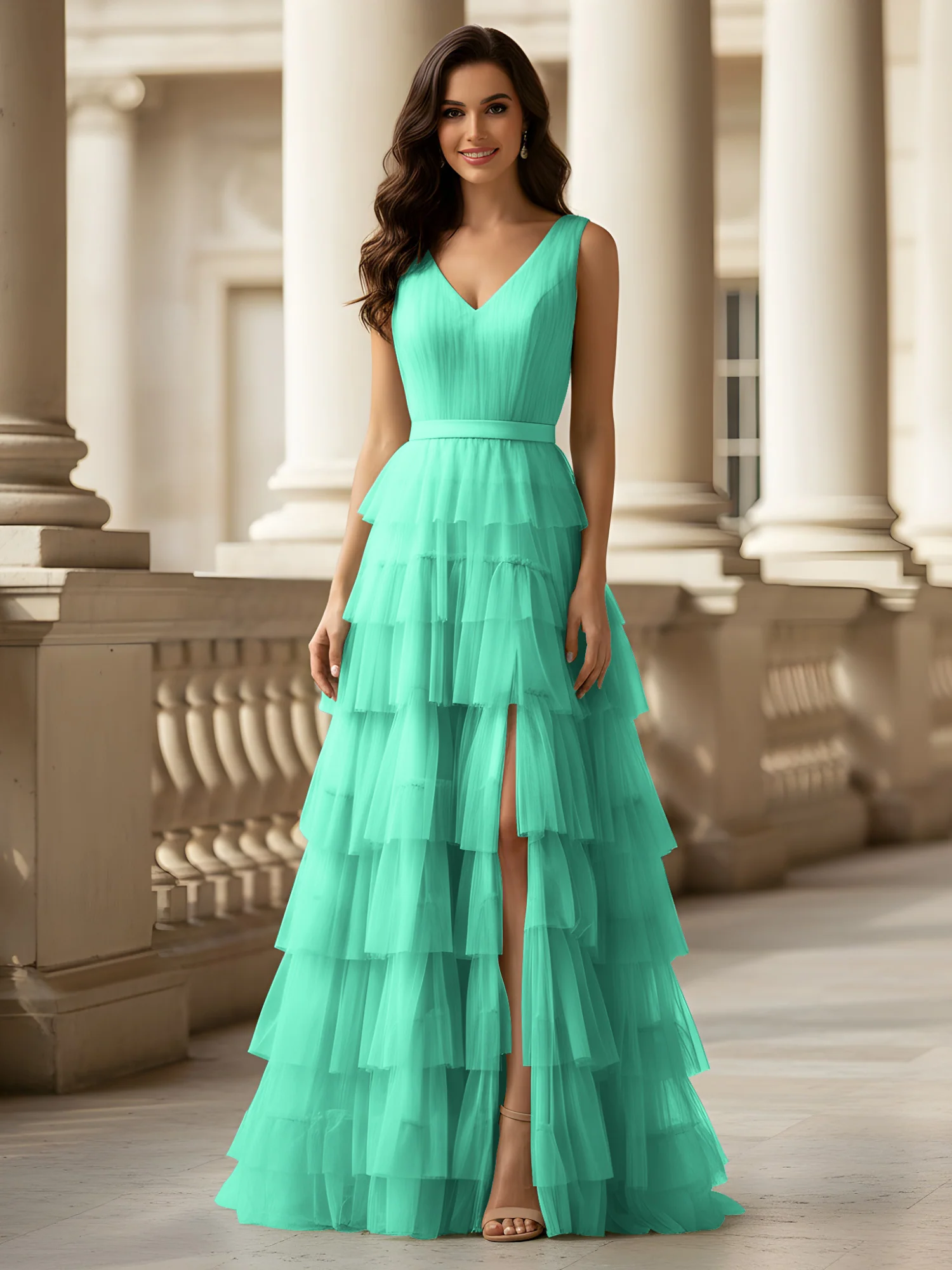 Ruched Bodice Formal Dress with Waistband Detail Turquoise