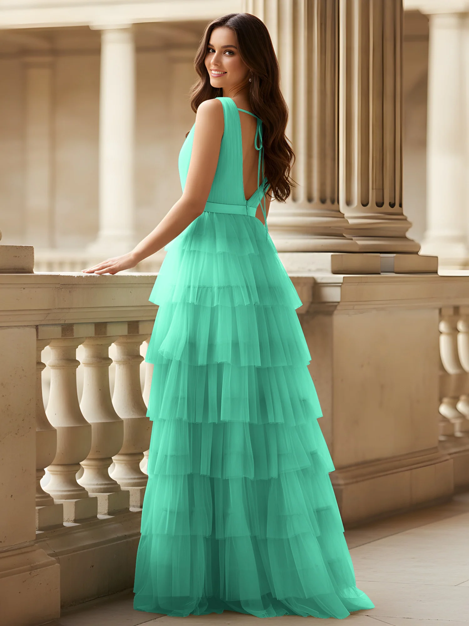 Ruched Bodice Formal Dress with Waistband Detail Turquoise - Image 2