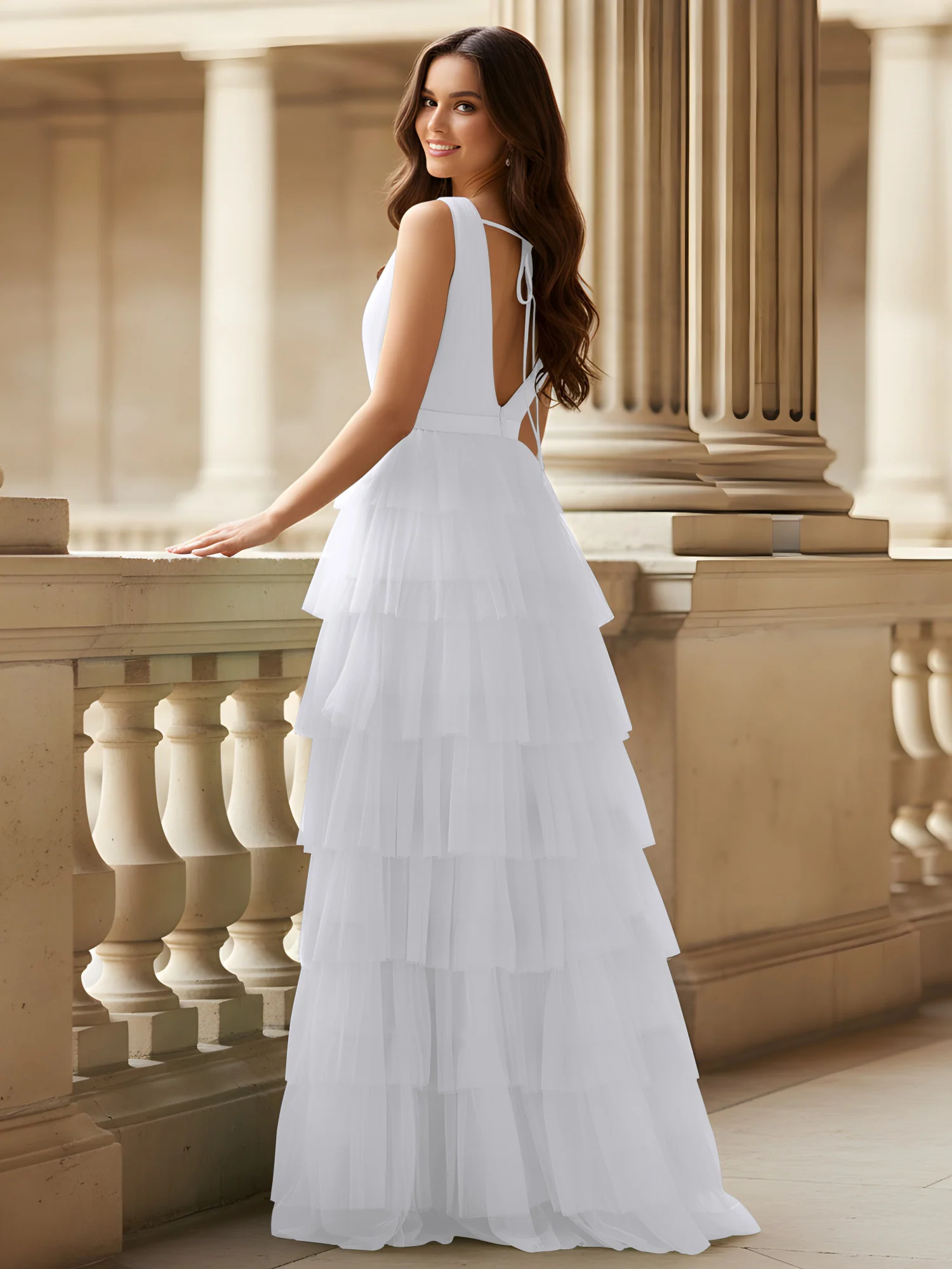 Ruched Bodice Formal Dress with Waistband Detail White - Image 2