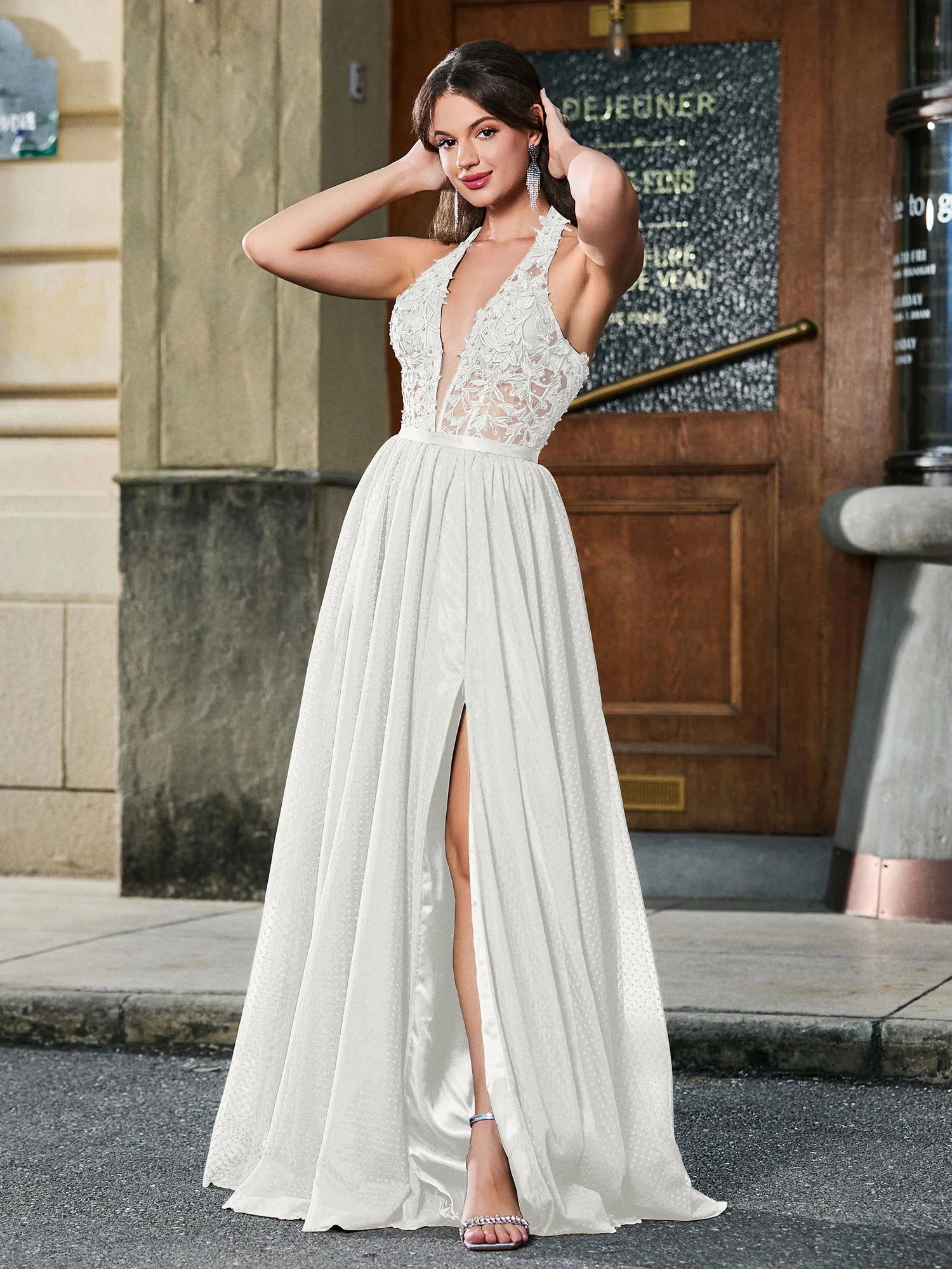 Halter Appliqued Corset High Slit Maxi Dress Ivory - Image 3