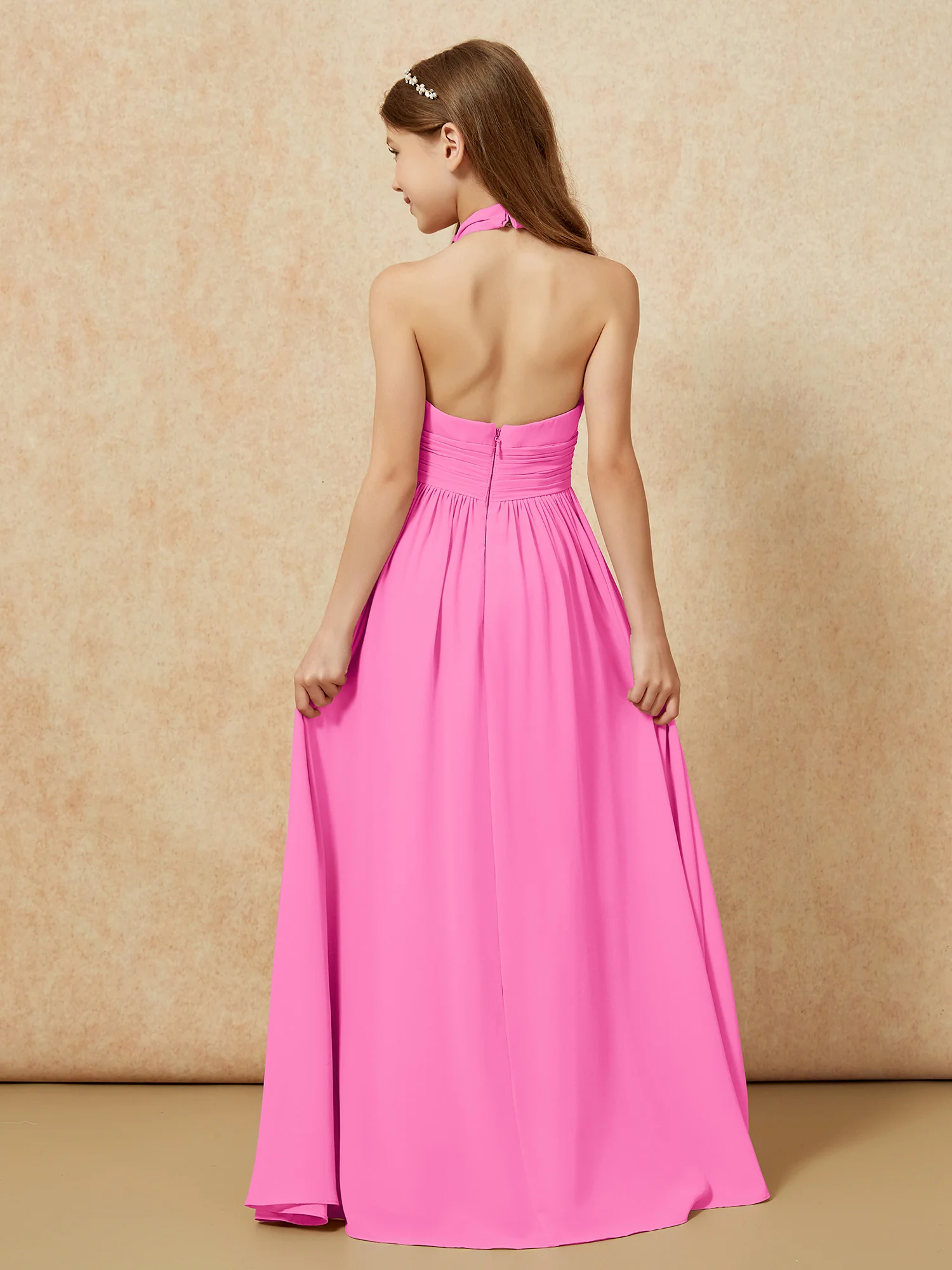 Halter Backless Chiffon Long Junior Bridesmaid Dress Azalea - Image 2
